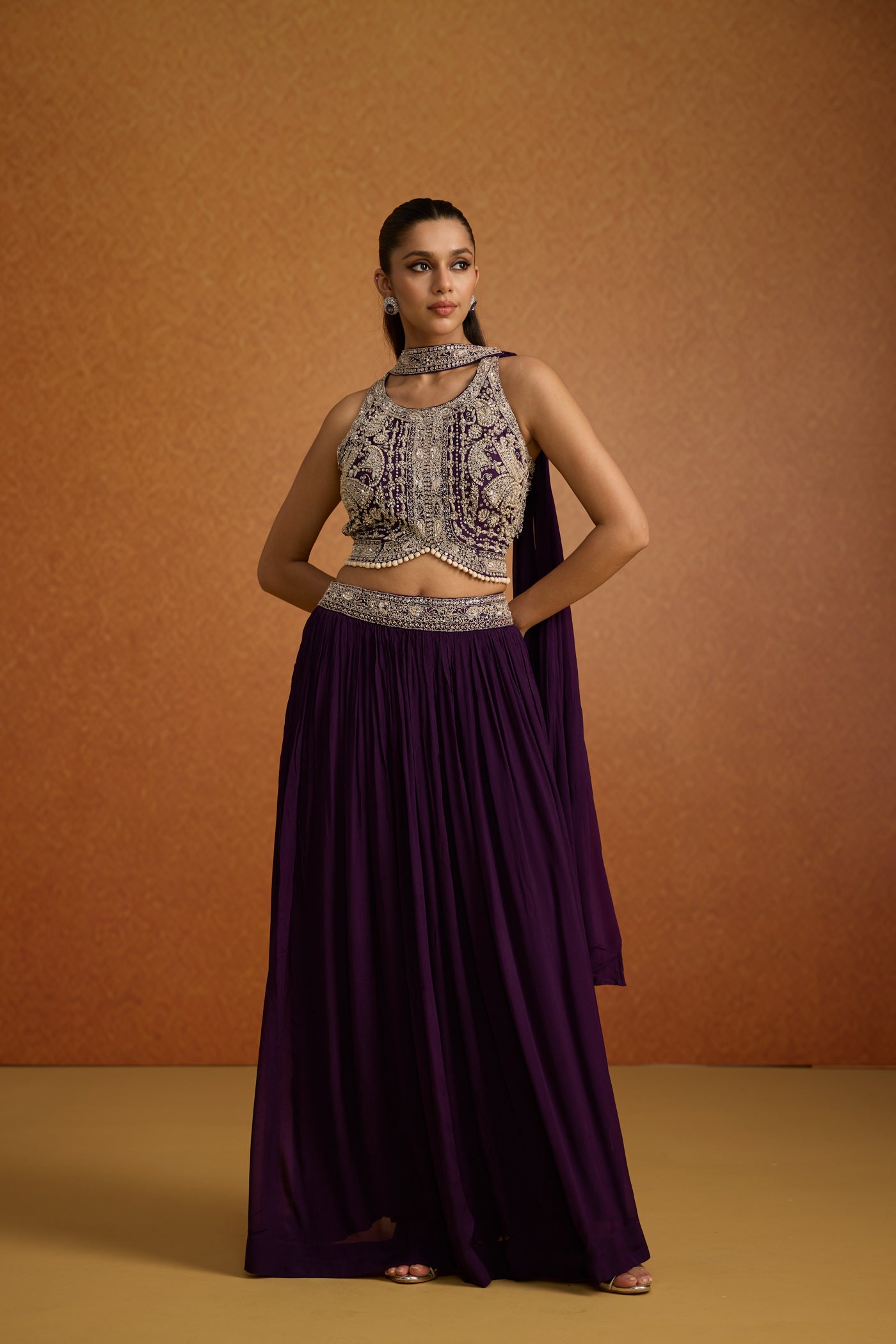 Deep Purple Embellished Georgette Silk Skirt Set