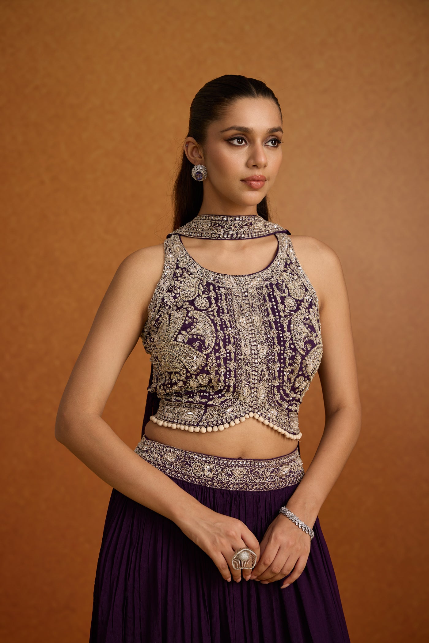 Deep Purple Embellished Georgette Silk Skirt Set