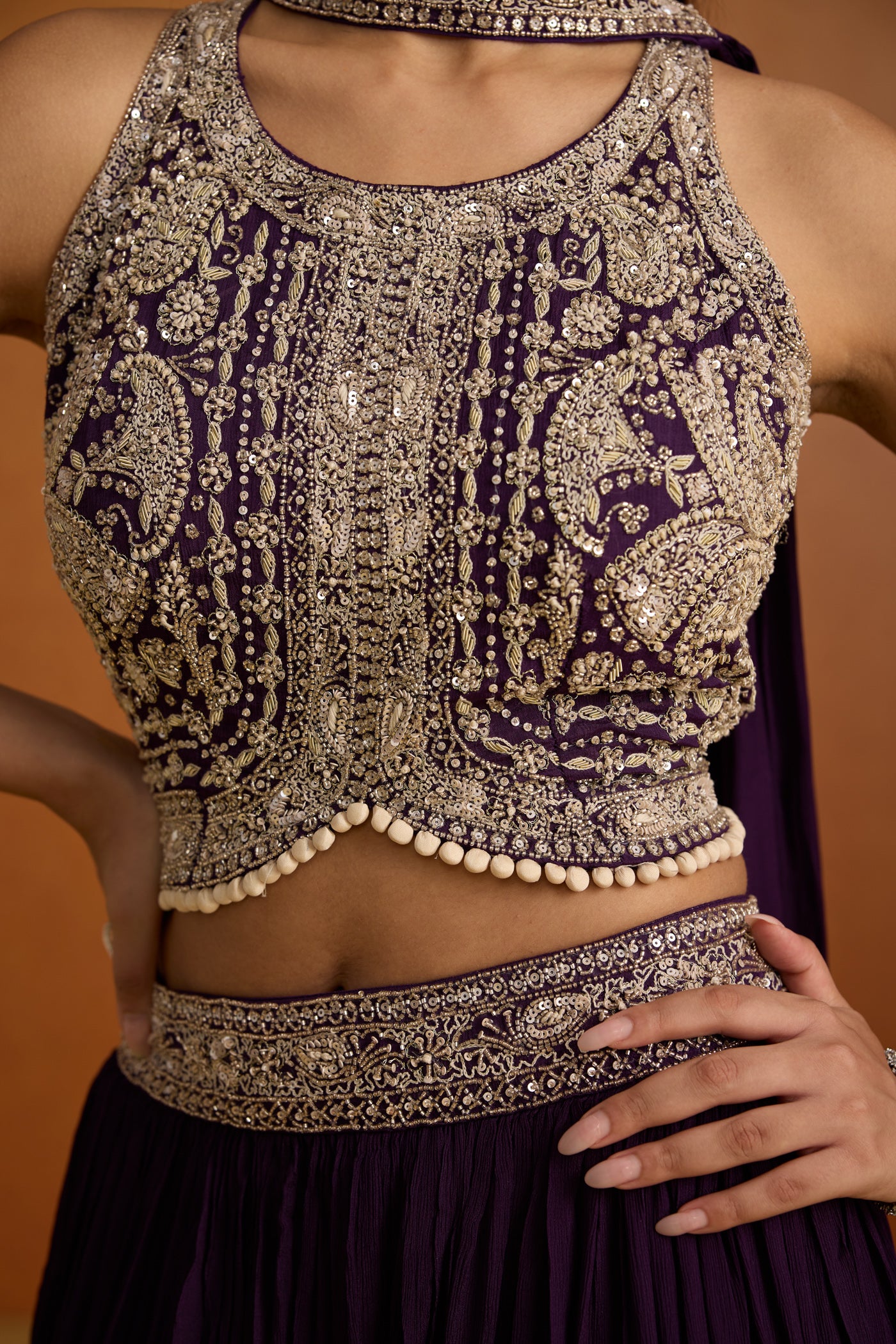 Deep Purple Embellished Georgette Silk Skirt Set