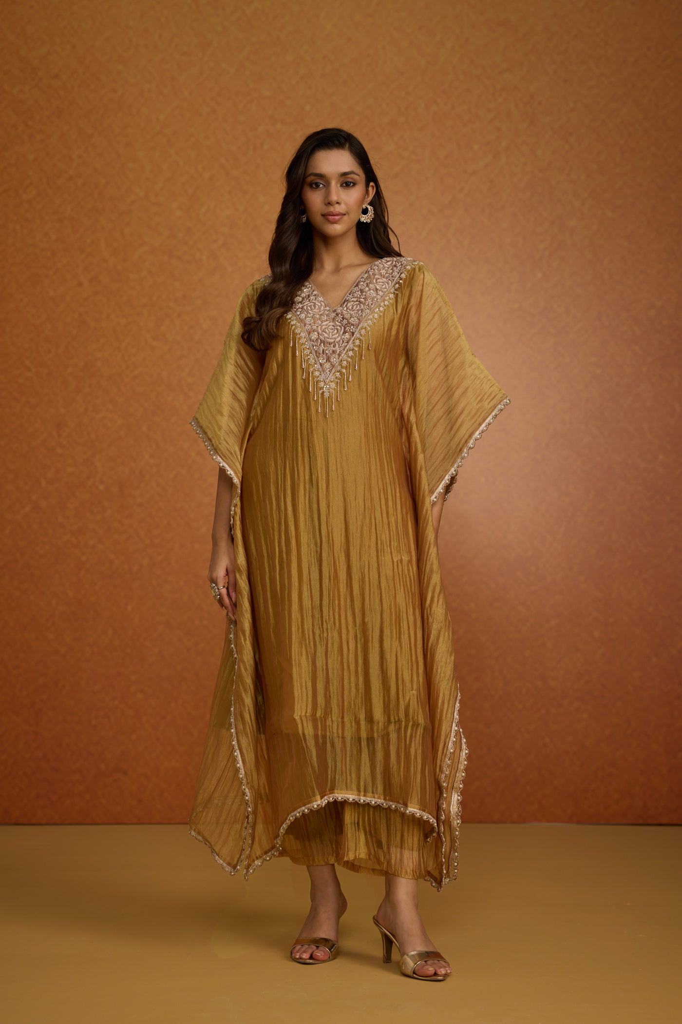Olive Gold Embellished Crushed Tissue Silk Kaftan Set