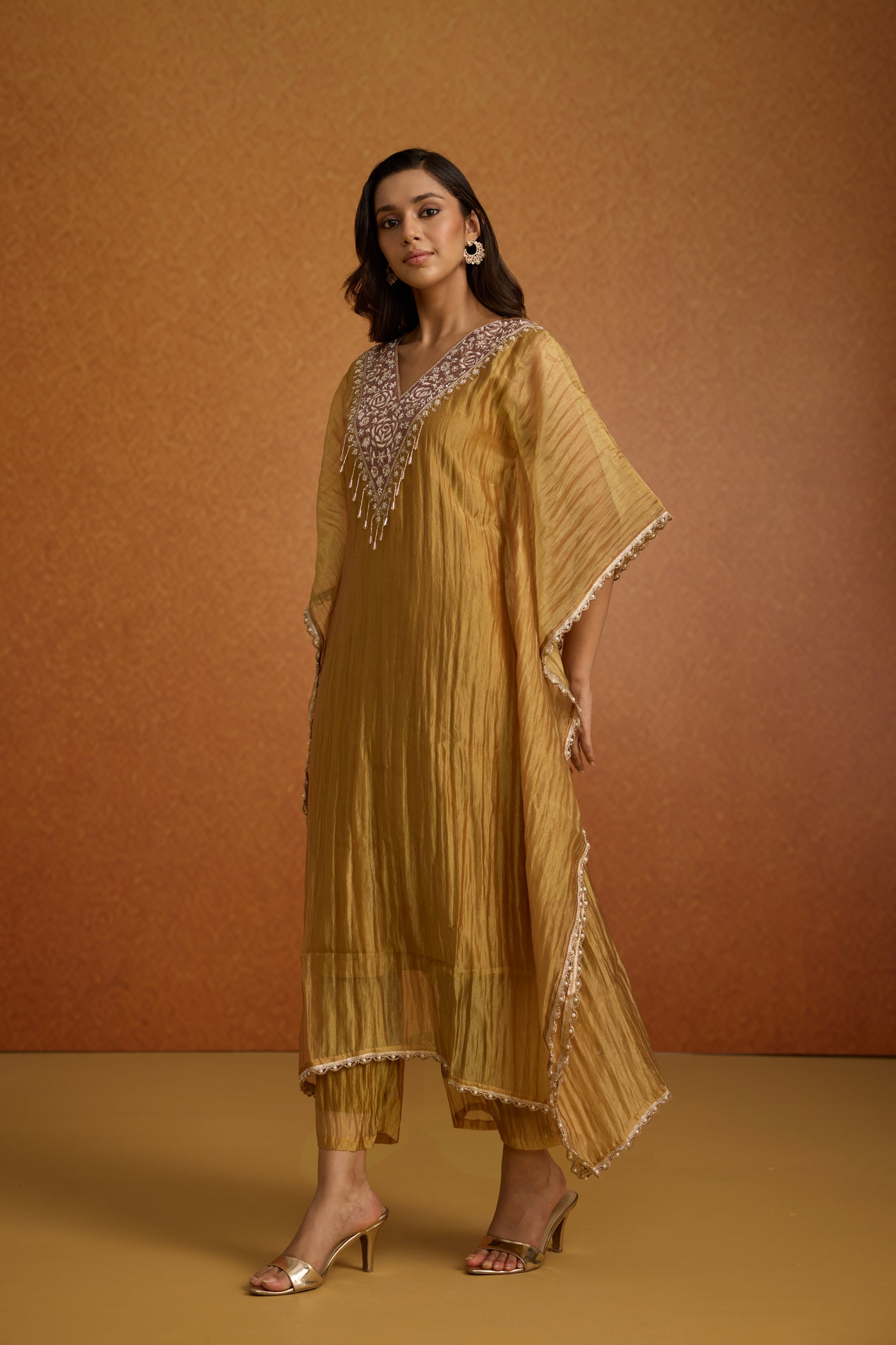 Olive Gold Embellished Crushed Tissue Silk Kaftan Set