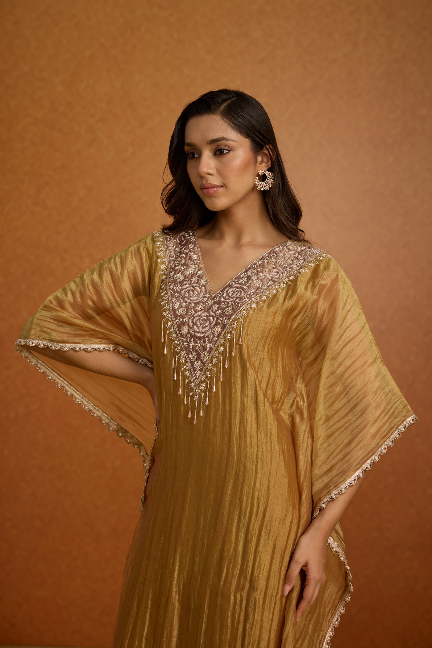 Olive Gold Embellished Crushed Tissue Silk Kaftan Set