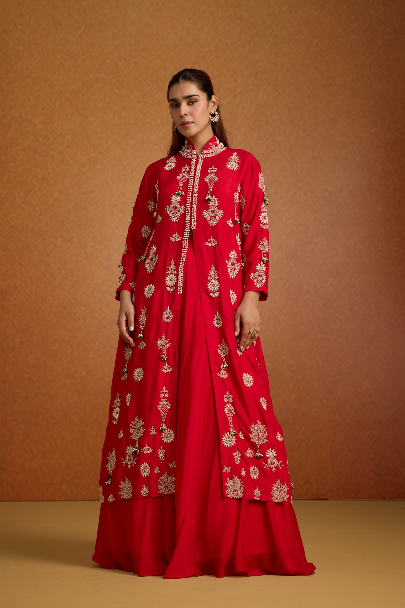 Fiesta Red Embellished Premium Silk Jacket Skirt Set