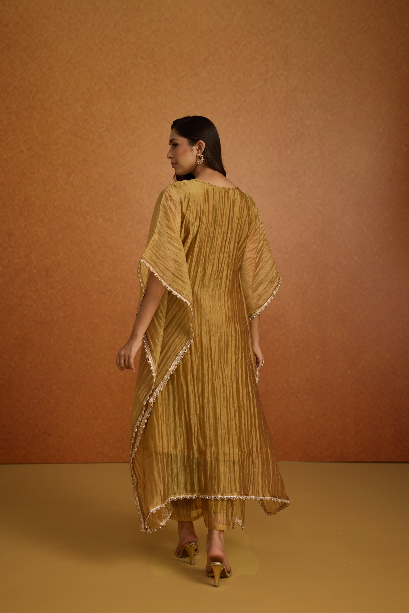 Olive Gold Embellished Crushed Tissue Silk Kaftan Set