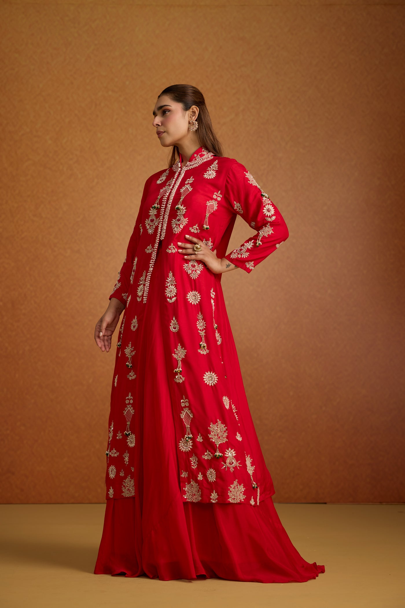 Fiesta Red Embellished Premium Silk Jacket Skirt Set