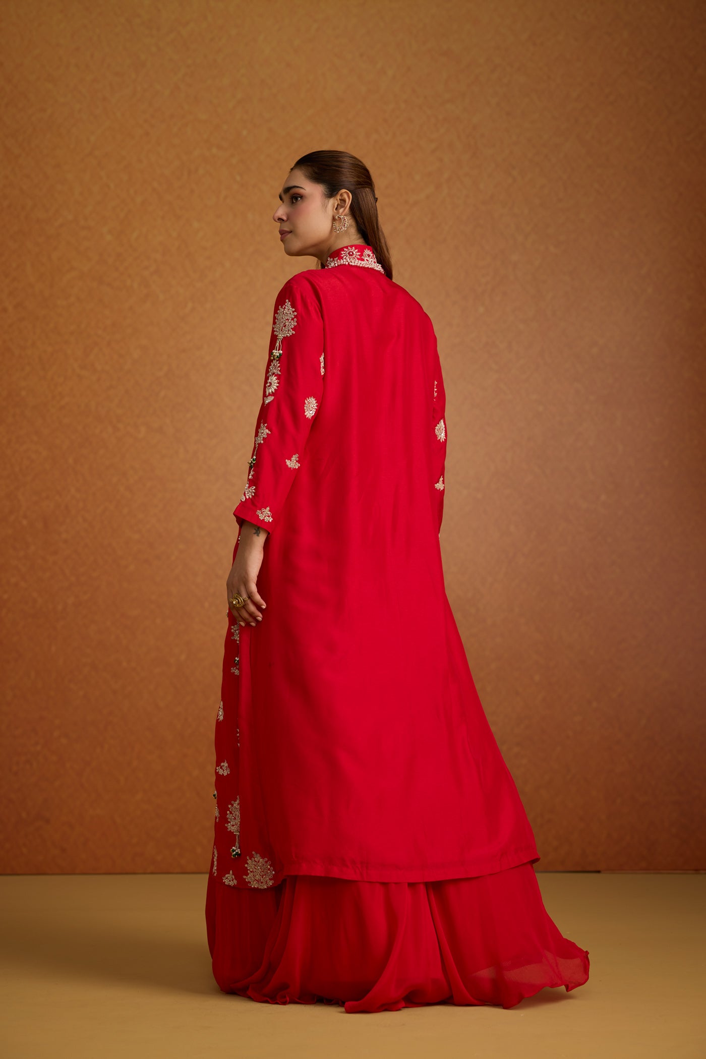 Fiesta Red Embellished Premium Silk Jacket Skirt Set