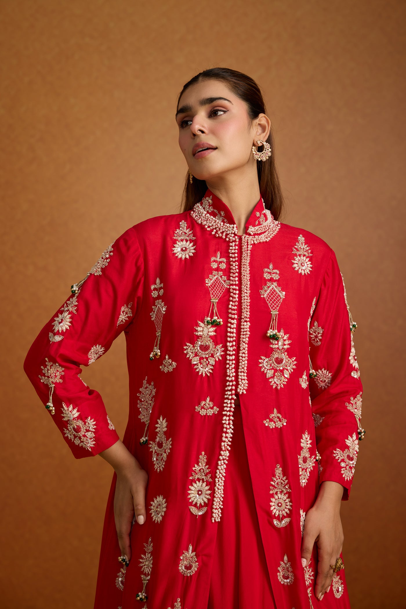 Fiesta Red Embellished Premium Silk Jacket Skirt Set