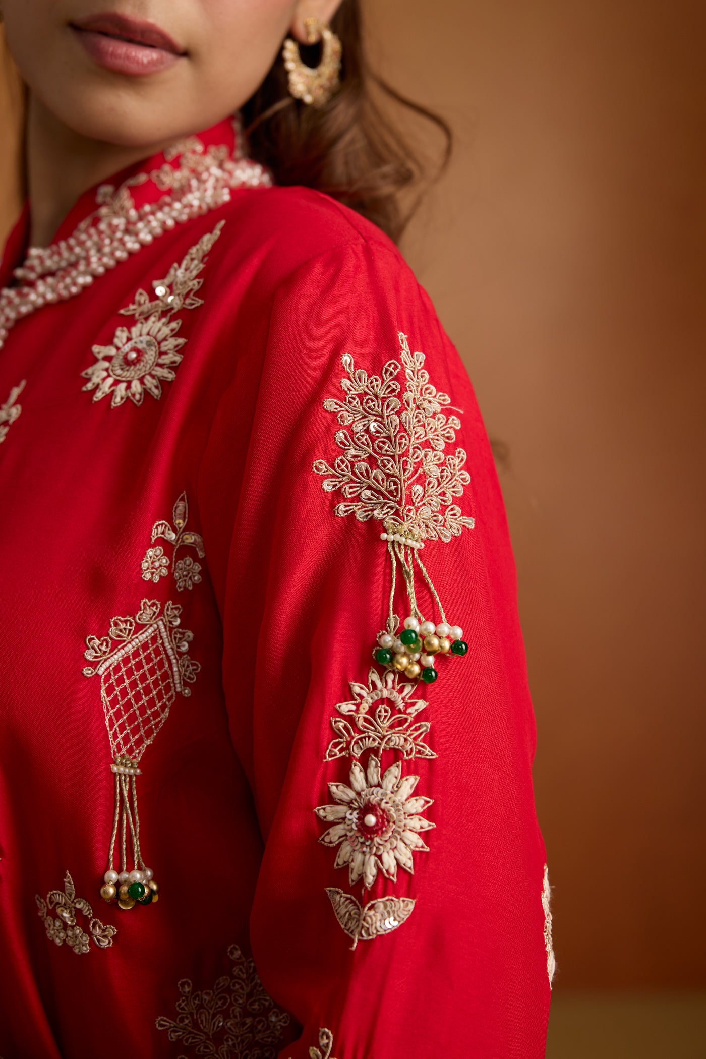 Fiesta Red Embellished Premium Silk Jacket Skirt Set