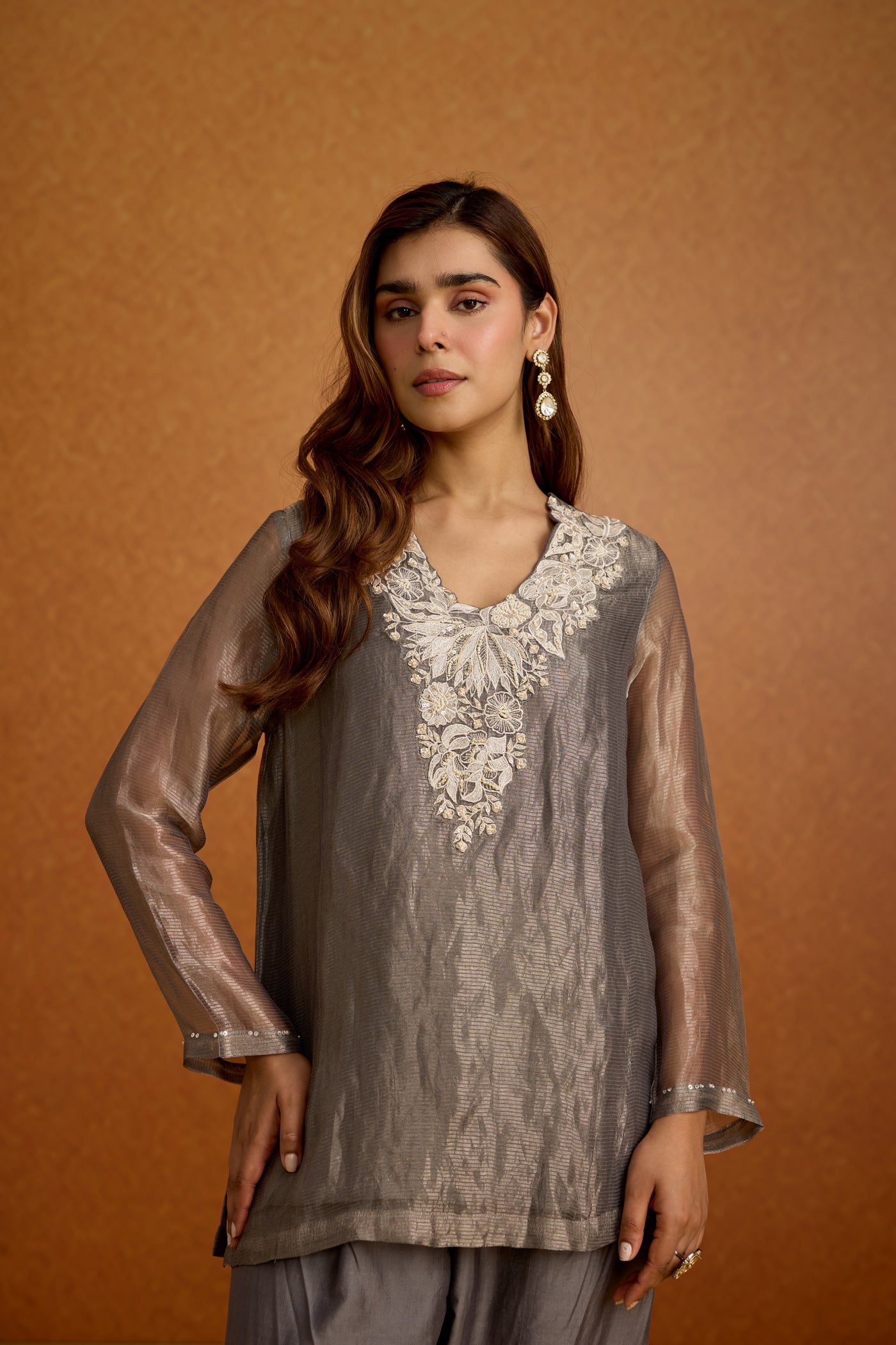 Metallic Silver Grey Shimmer Tissue Silk Co-Ord Set