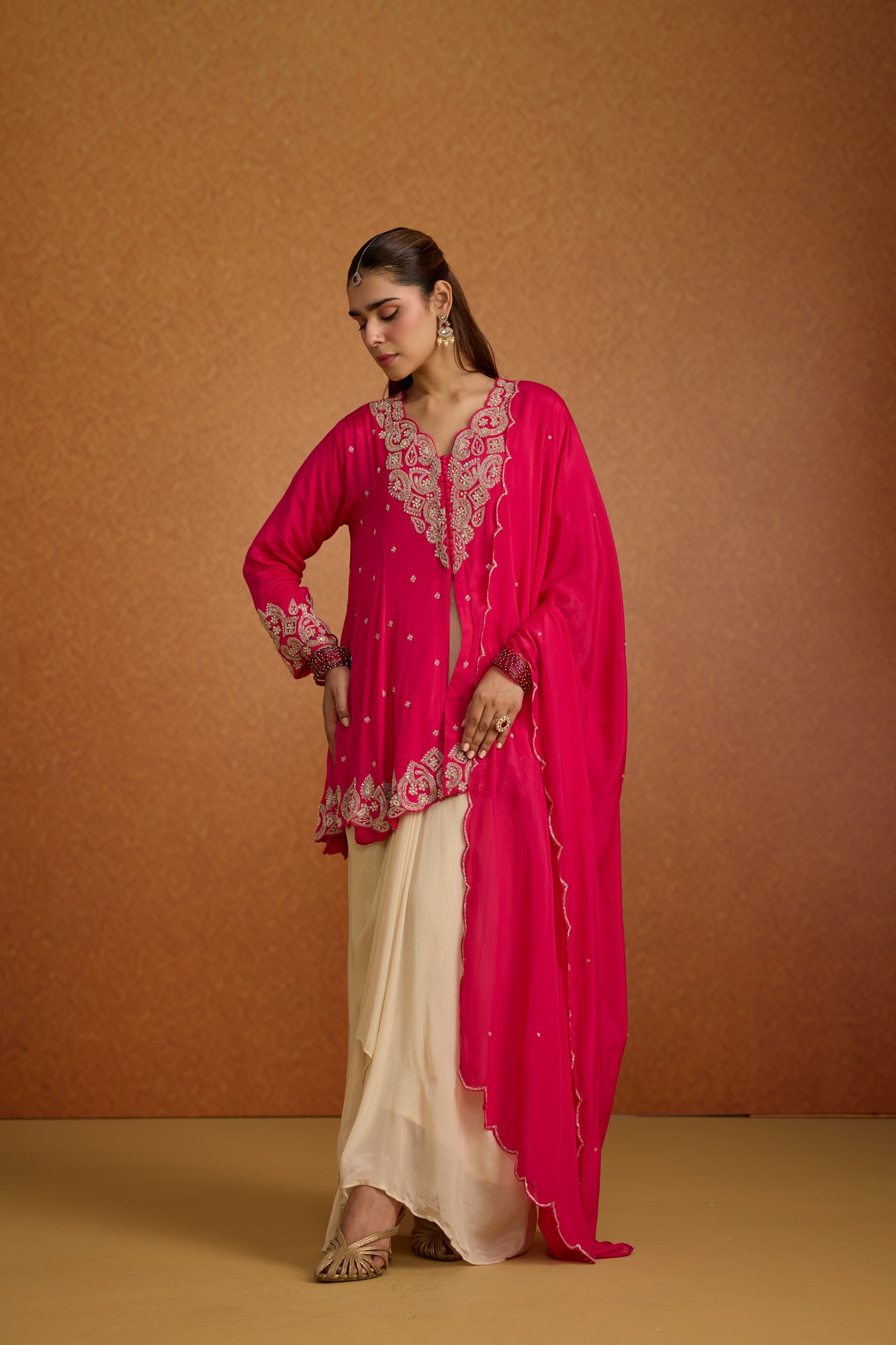Fuchsia Pink Embellished Crepe Silk Skirt Set