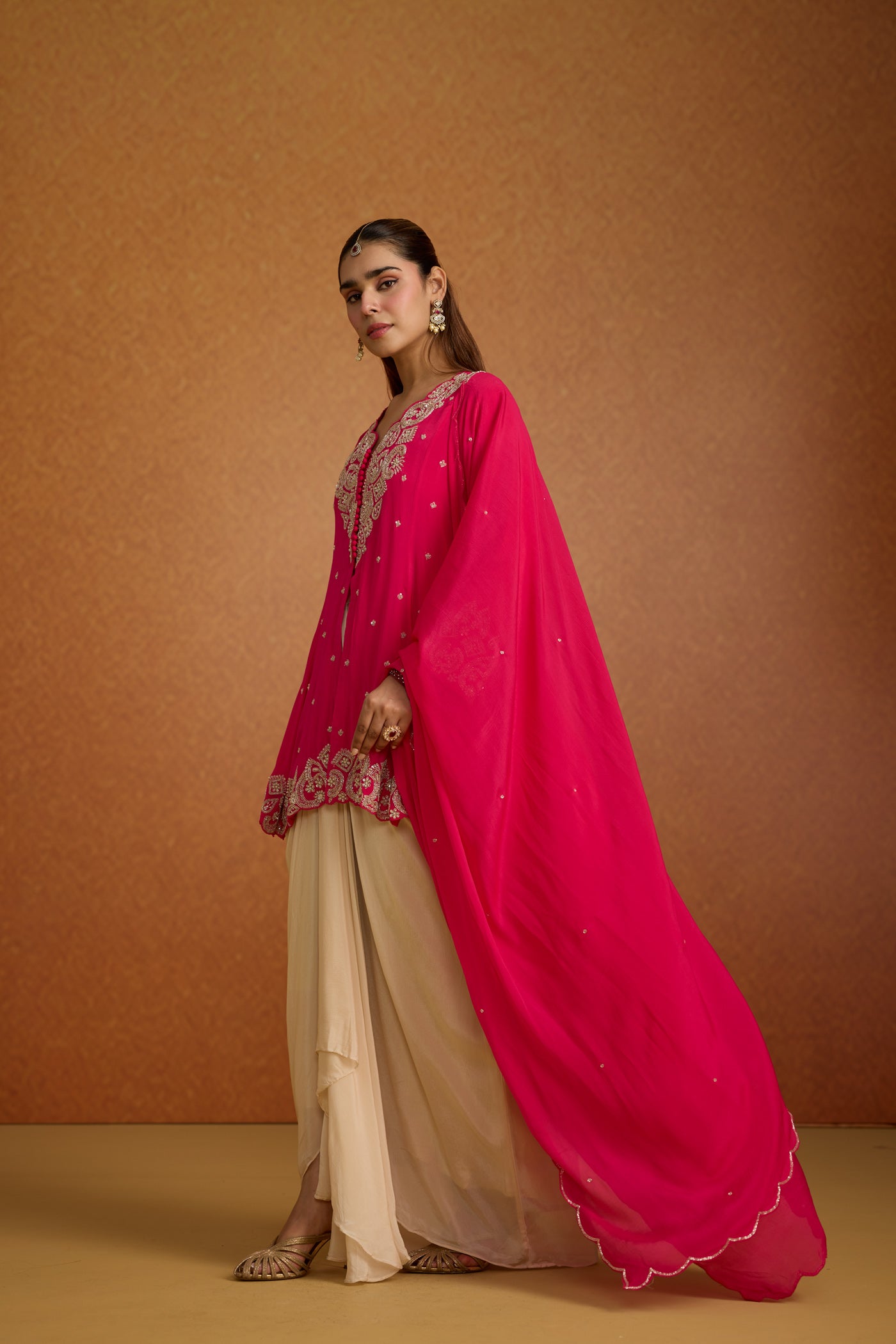 Fuchsia Pink Embellished Crepe Silk Skirt Set