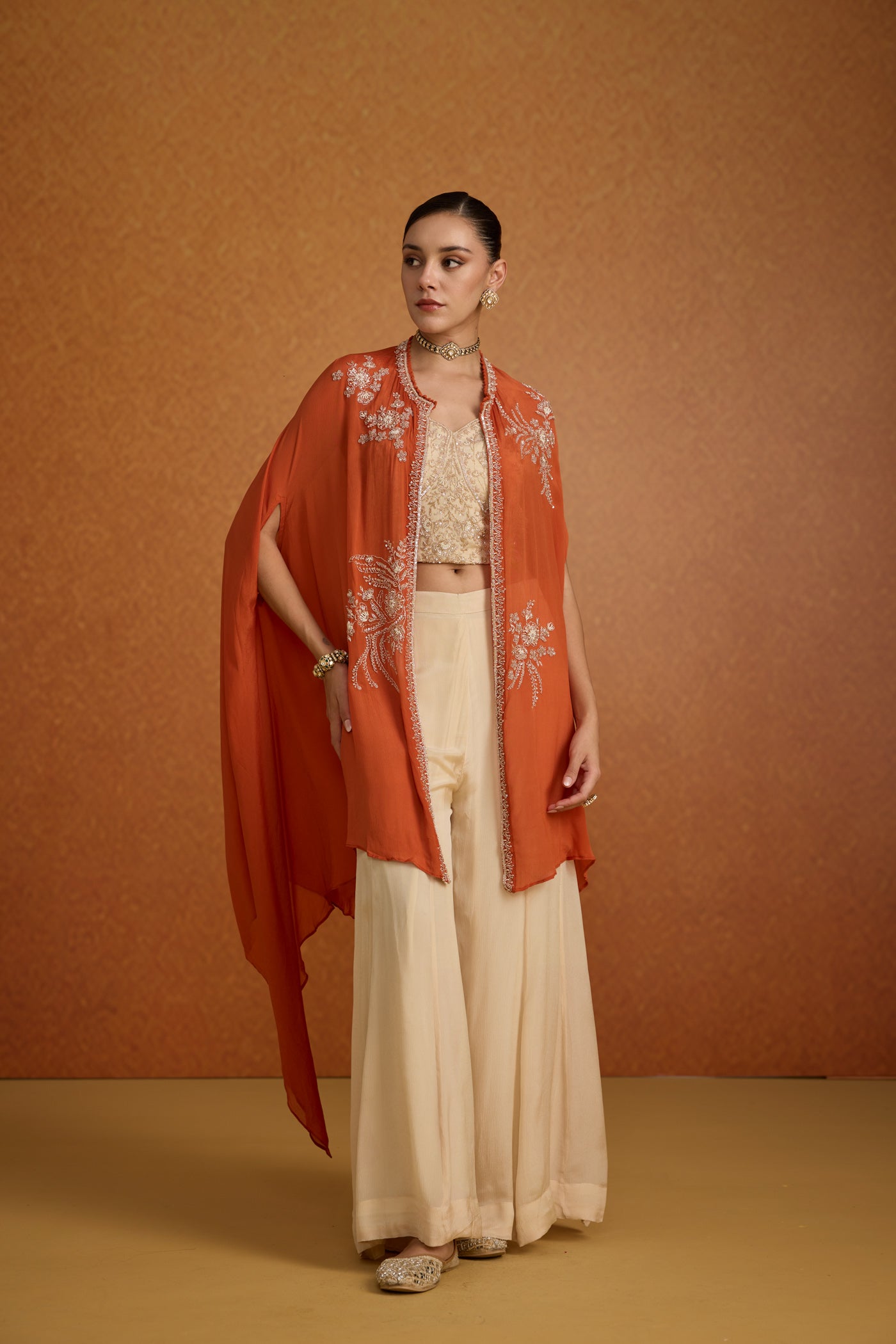 Burnt Orange Embellished Crepe Silk Kaftan Set