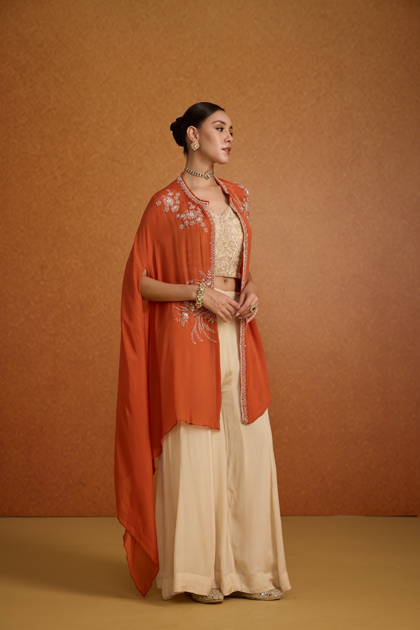 Burnt Orange Embellished Crepe Silk Kaftan Set