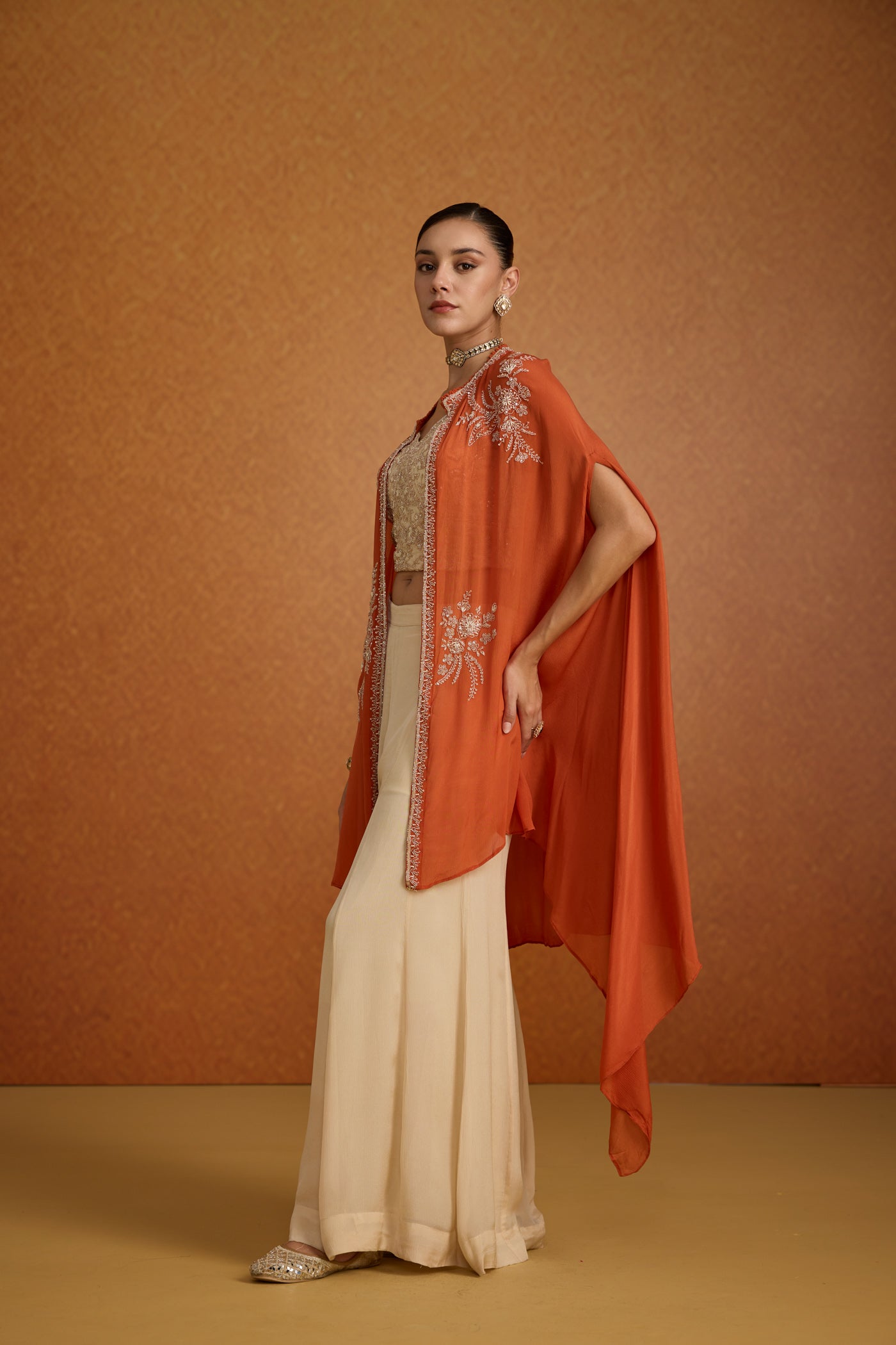 Burnt Orange Embellished Crepe Silk Kaftan Set