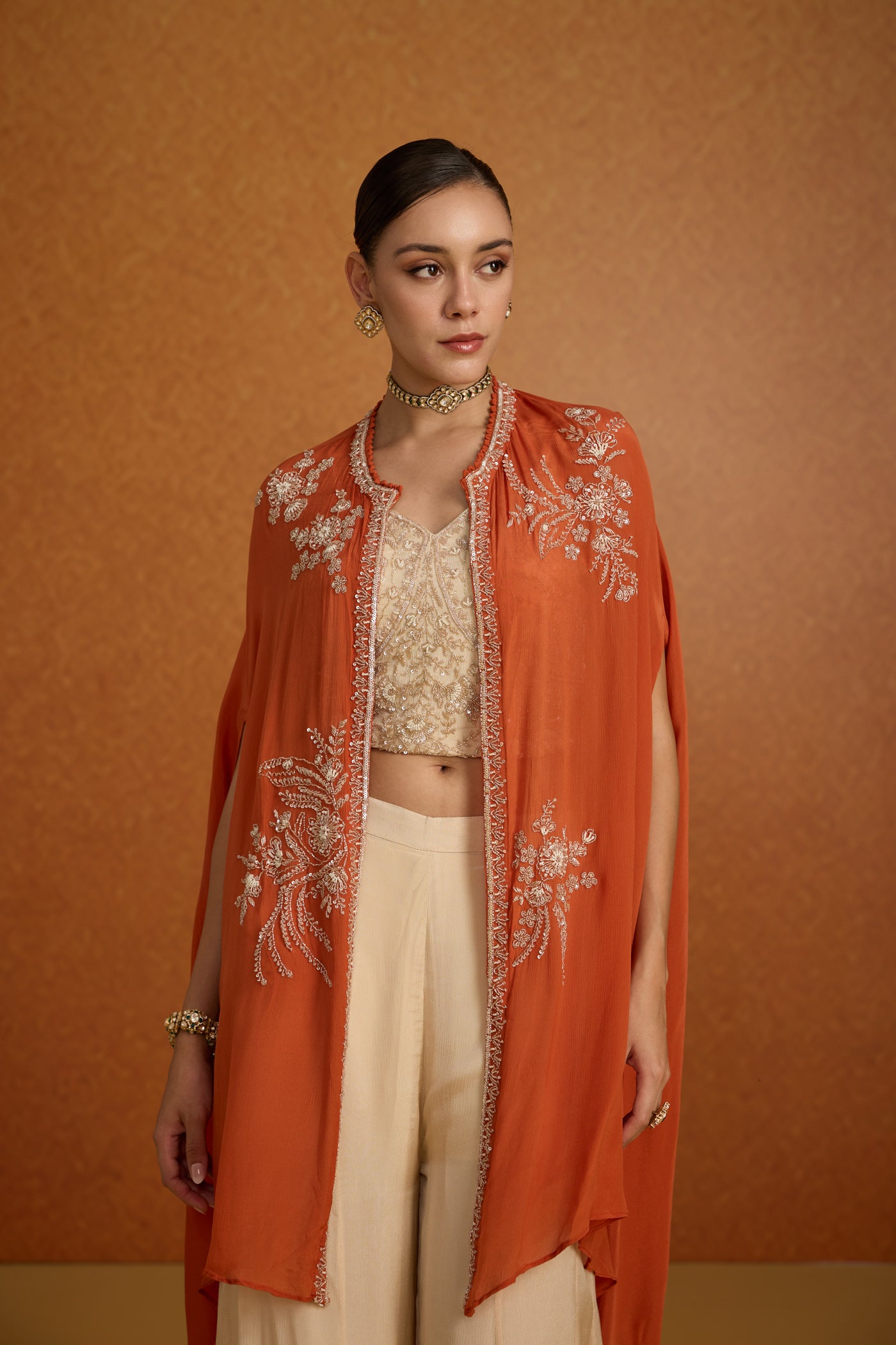 Burnt Orange Embellished Crepe Silk Kaftan Set