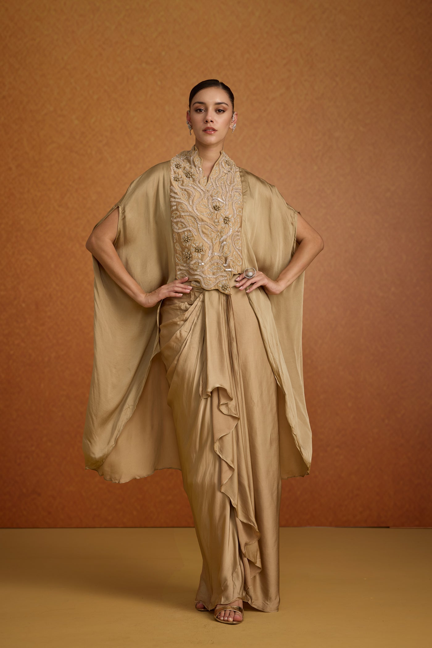Champagne Beige Embellished Crepe Silk Kaftan Set