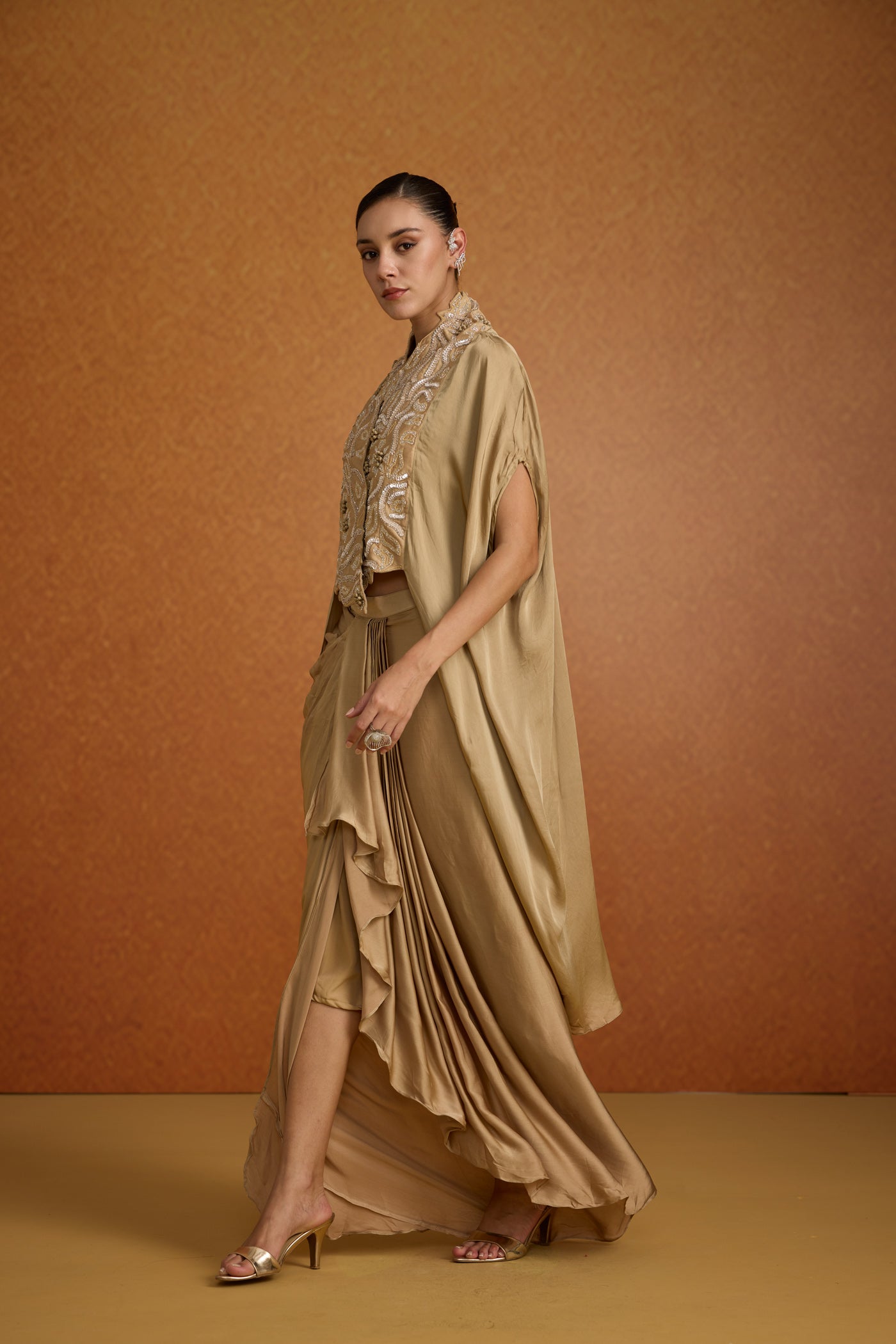 Champagne Beige Embellished Crepe Silk Kaftan Set