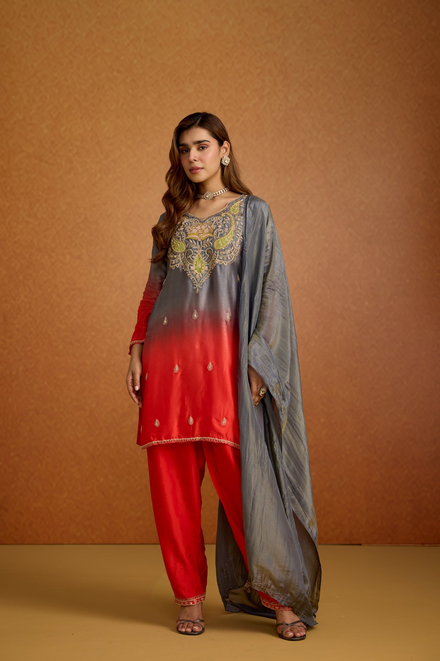 Royal Red & Grey Ombre Embellished Crepe Silk Pant Set