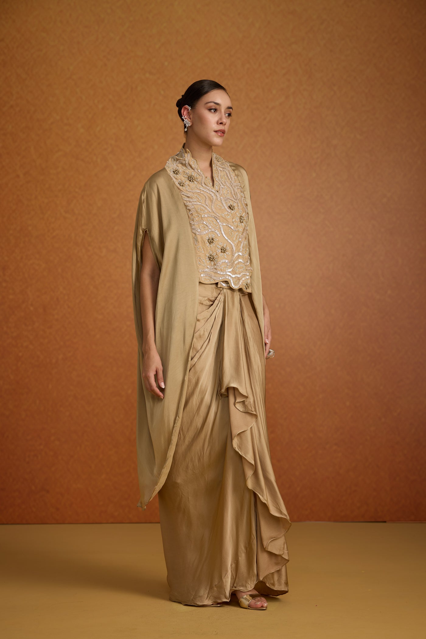 Champagne Beige Embellished Crepe Silk Kaftan Set