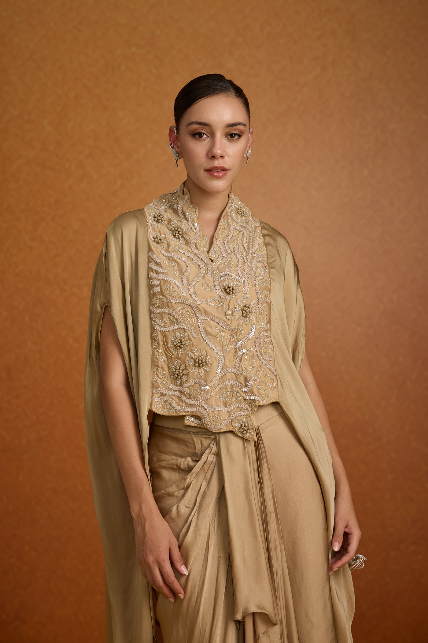Champagne Beige Embellished Crepe Silk Kaftan Set