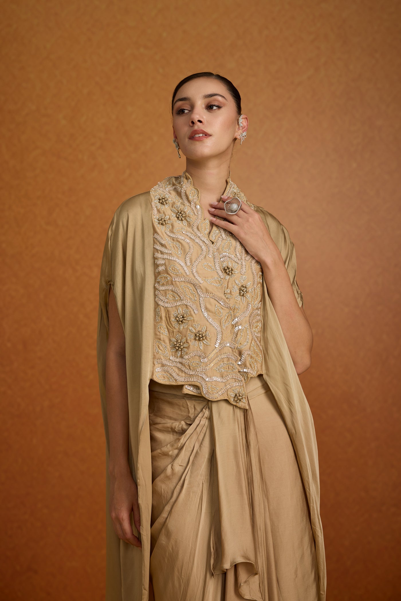 Champagne Beige Embellished Crepe Silk Kaftan Set