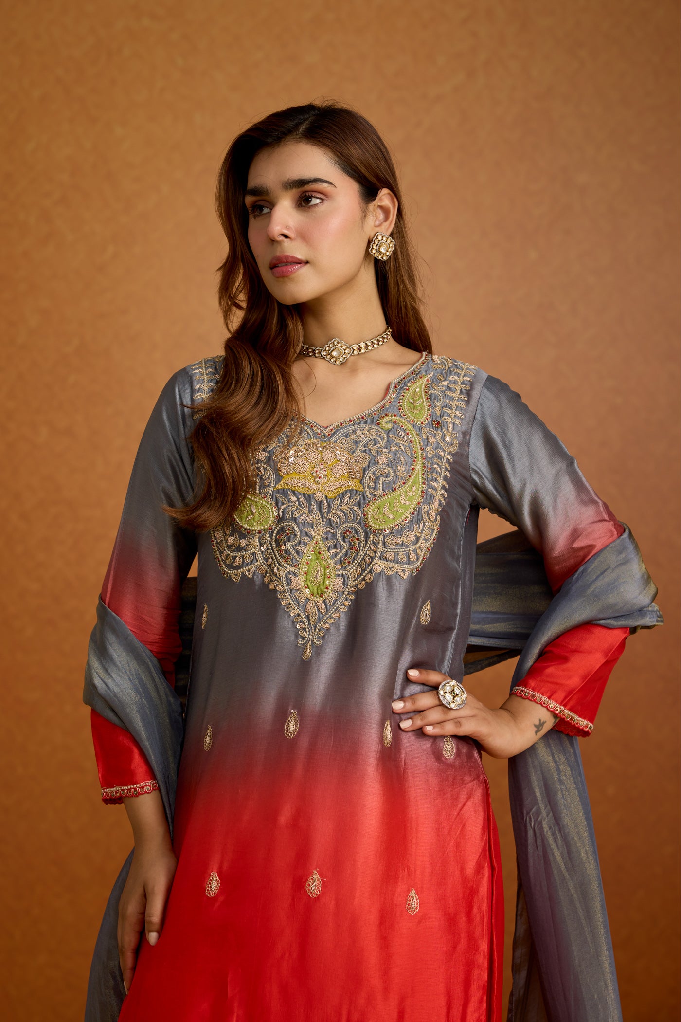 Royal Red & Grey Ombre Embellished Crepe Silk Pant Set