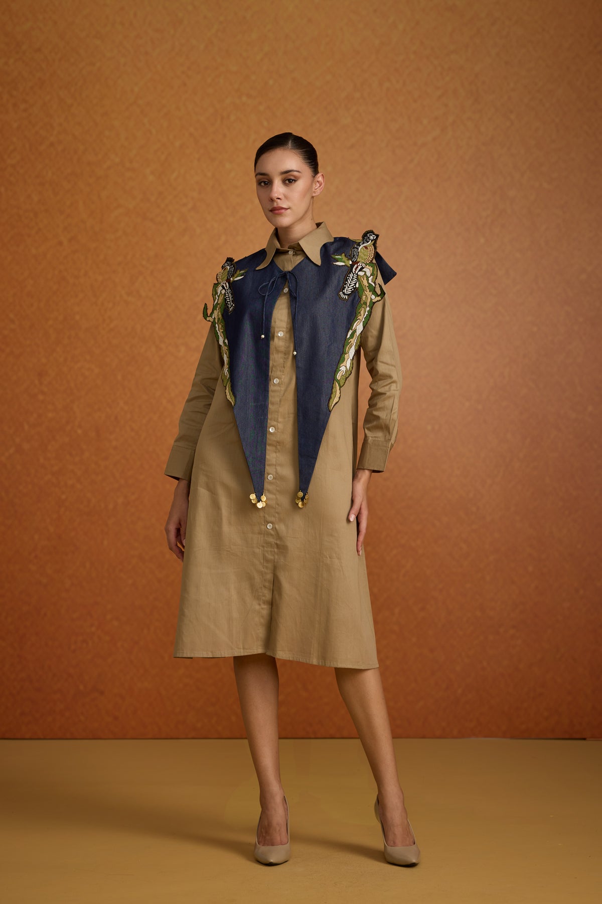 Beige Denim Embroidered Cotton Midi Dress