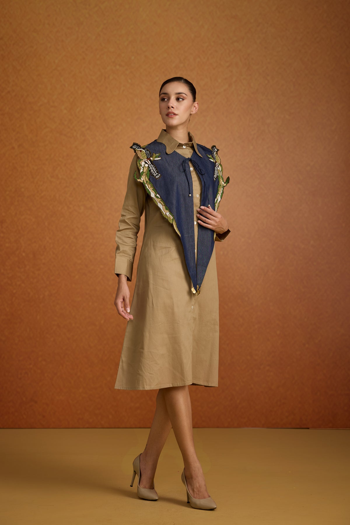 Beige Denim Embroidered Cotton Midi Dress