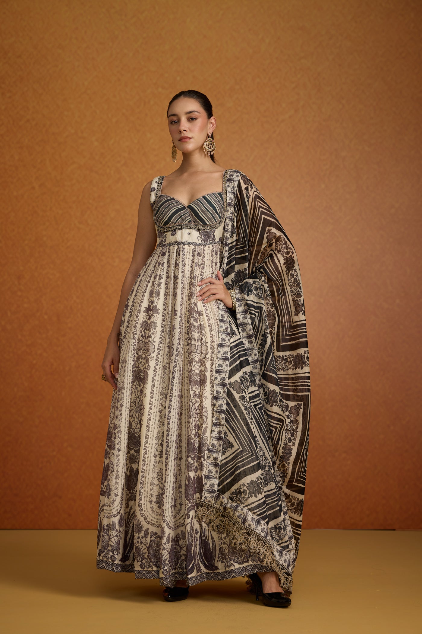 Antique Ivory Printed Crepe Silk Anarkali Set