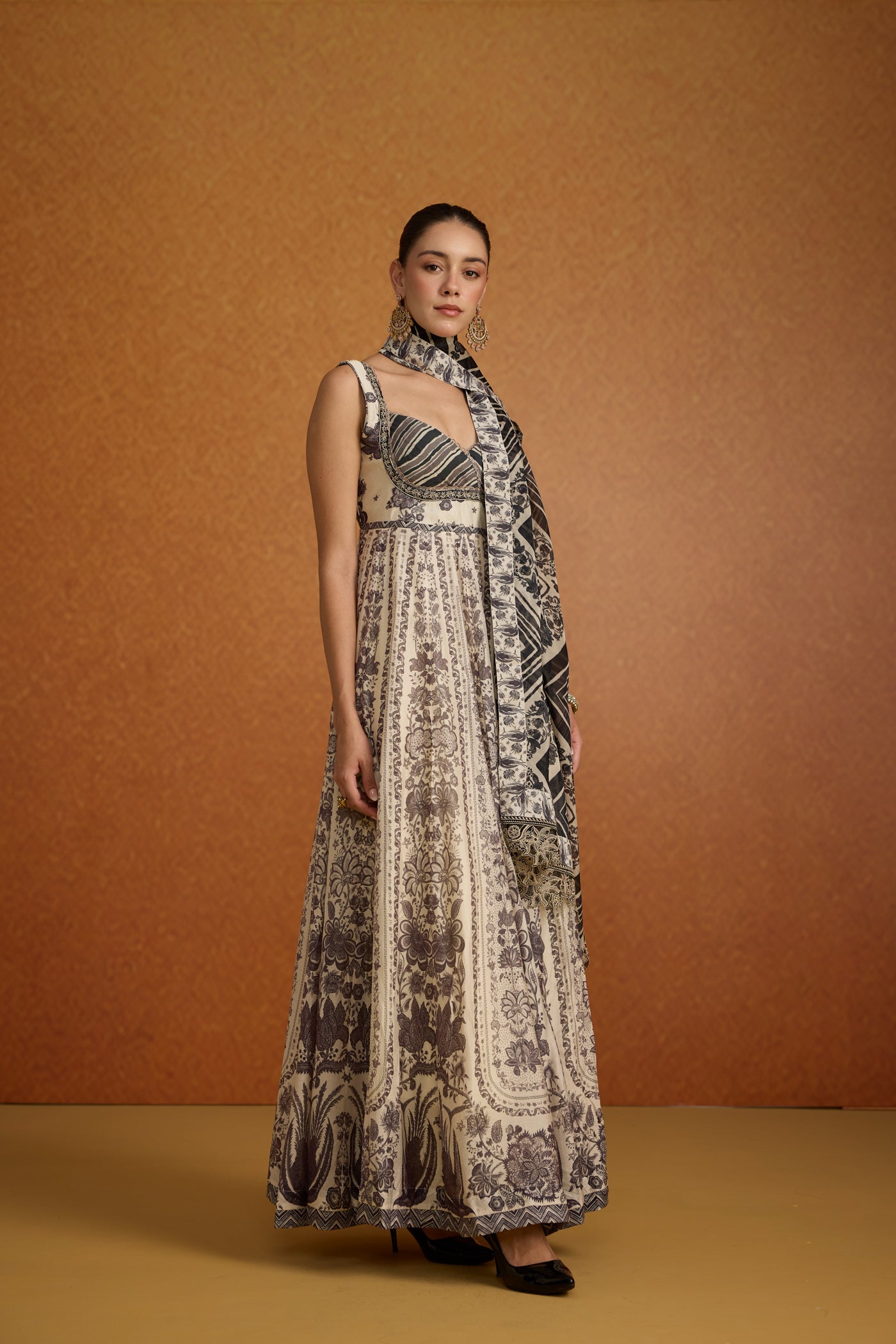 Antique Ivory Printed Crepe Silk Anarkali Set