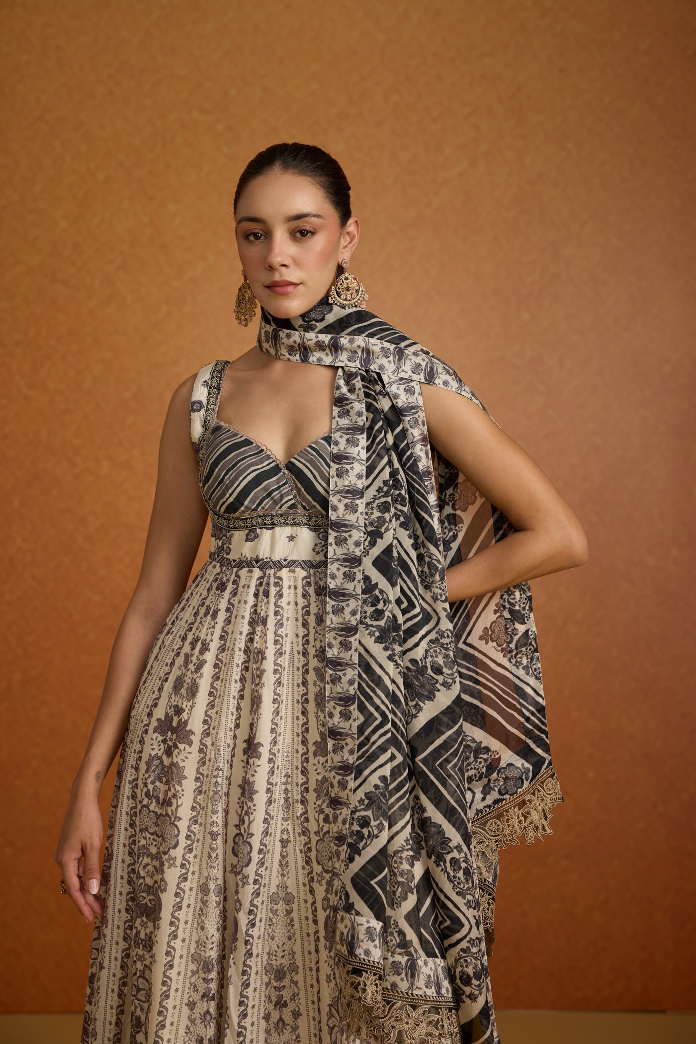 Antique Ivory Printed Crepe Silk Anarkali Set