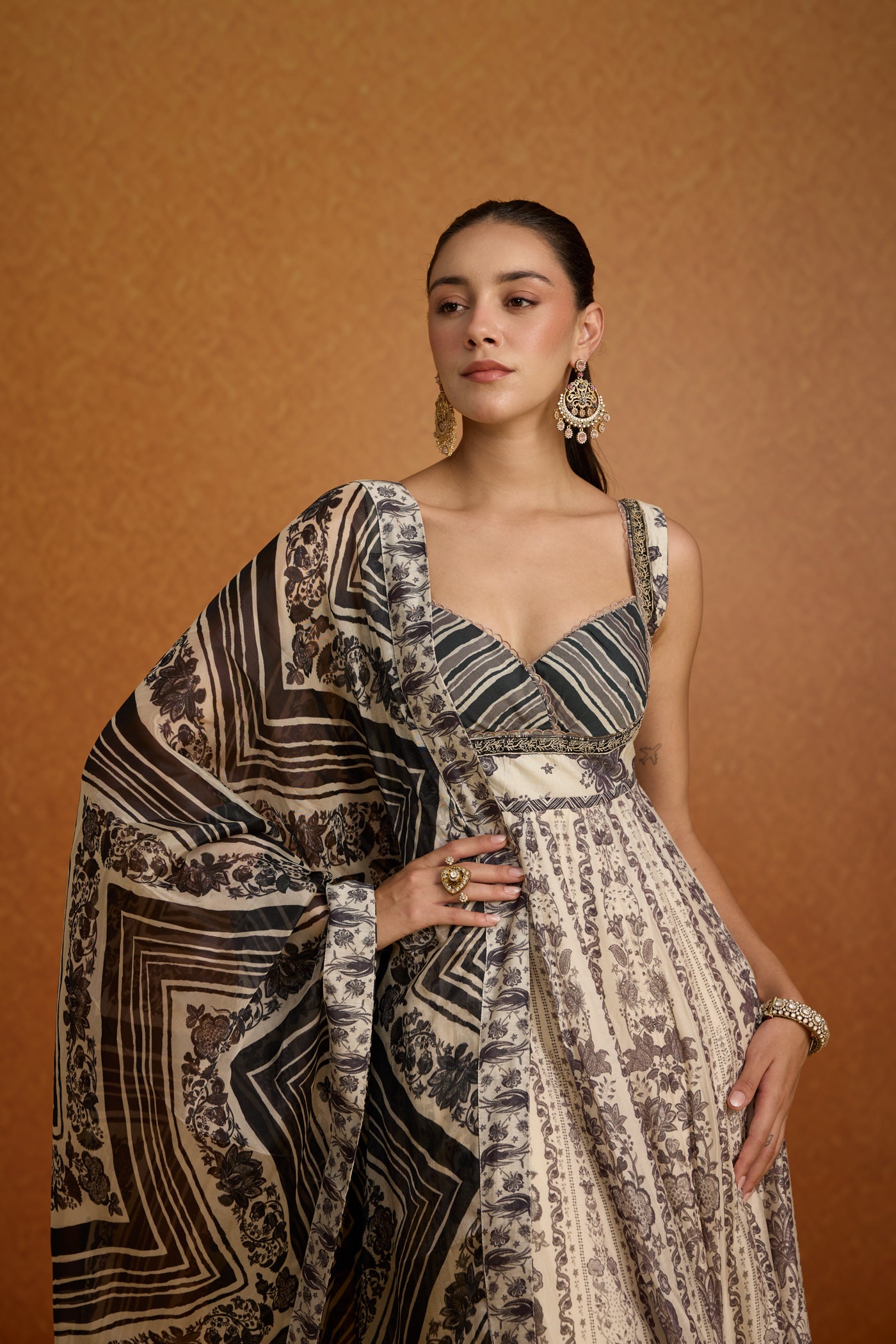 Antique Ivory Printed Crepe Silk Anarkali Set