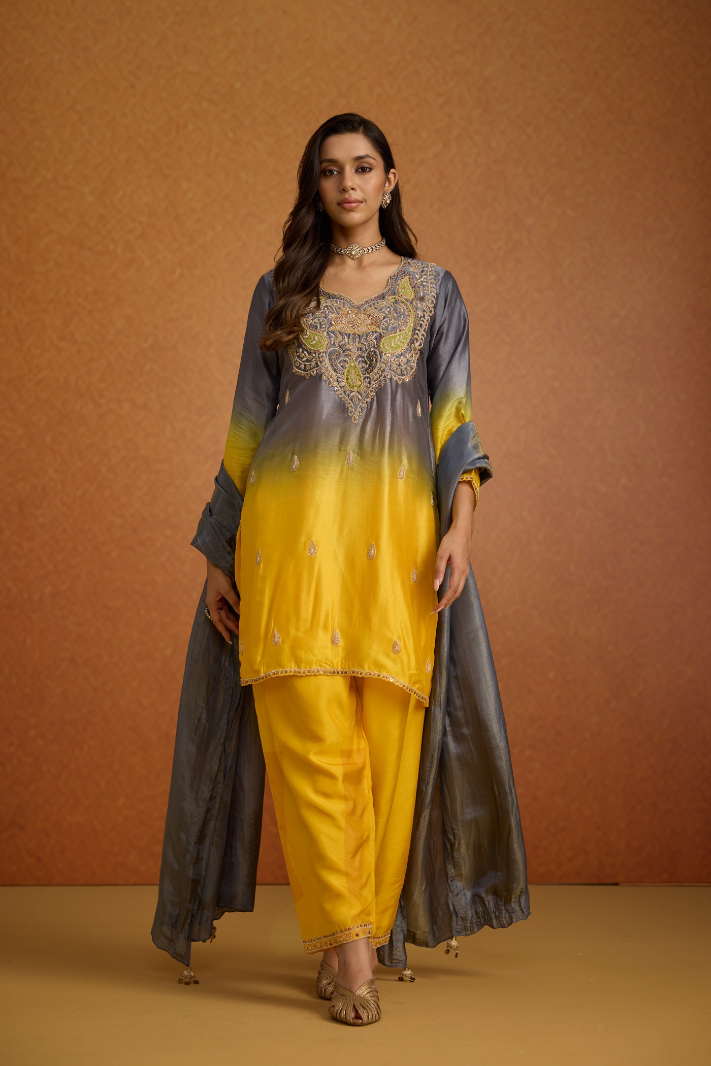 Mustard Yellow & Grey Ombre Embellished Crepe Silk Pant Set
