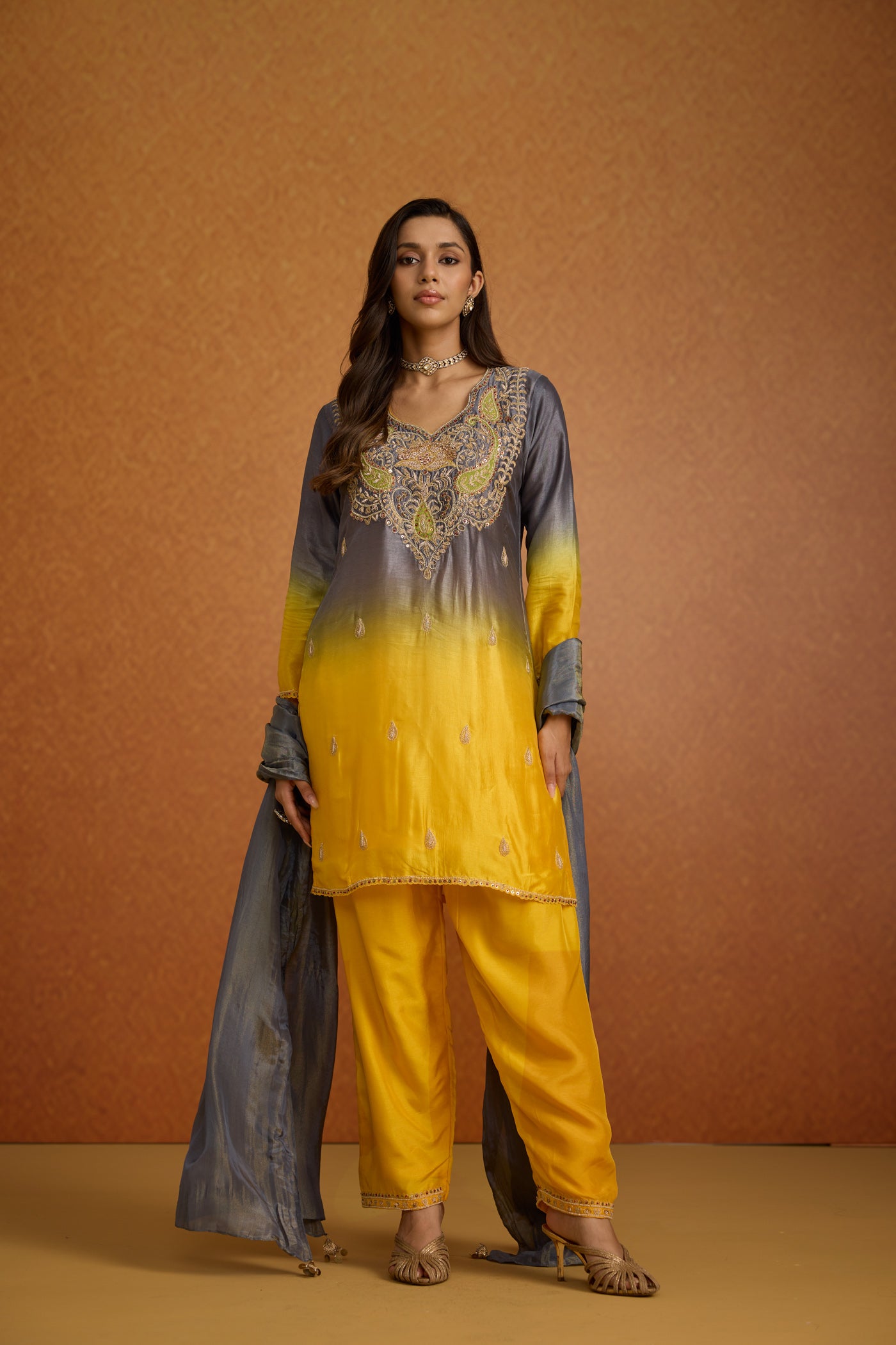 Mustard Yellow & Grey Ombre Embellished Crepe Silk Pant Set