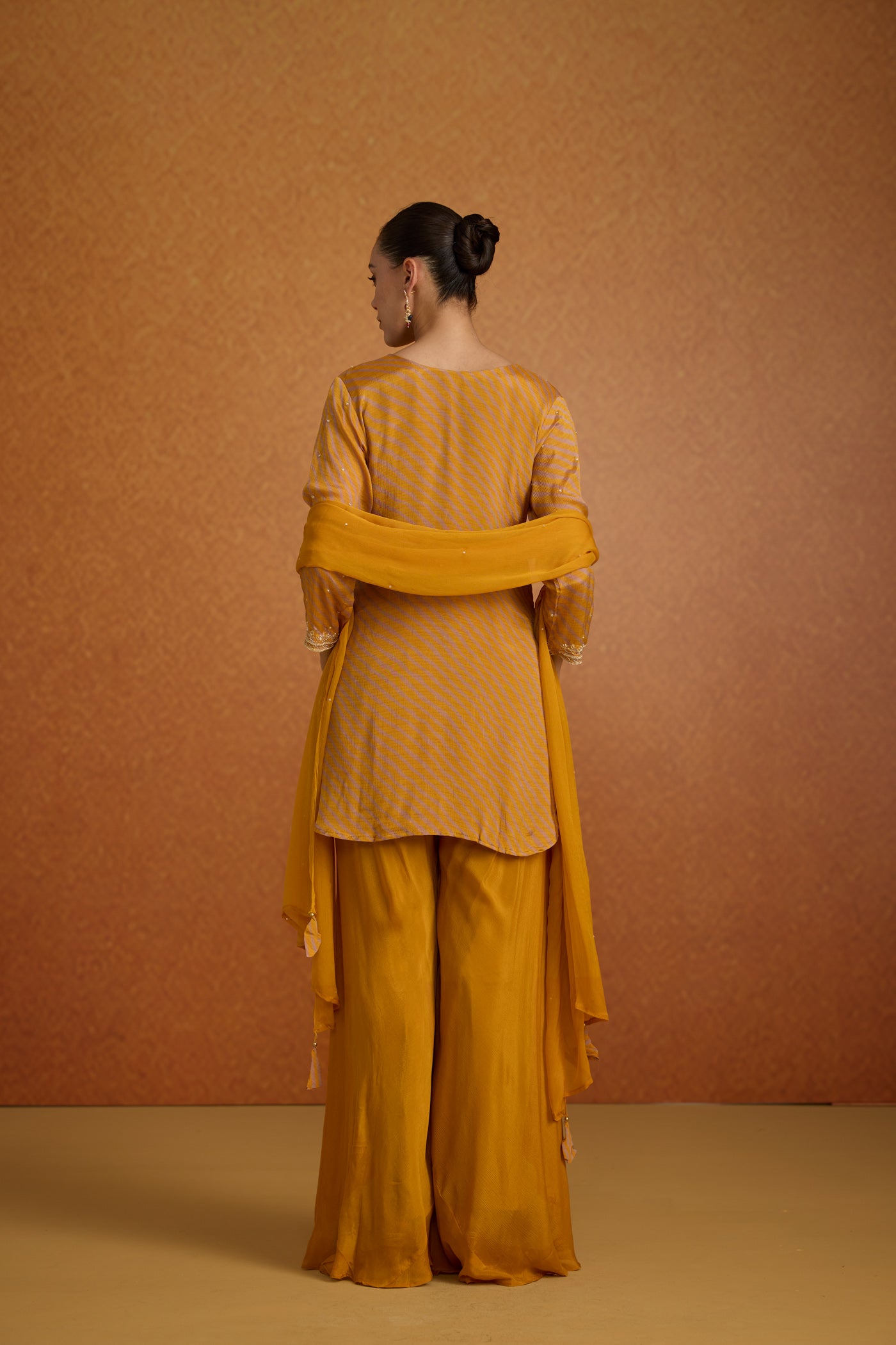 Mustard Yellow Embellished Lehriya Chinon Silk Palazzo Set