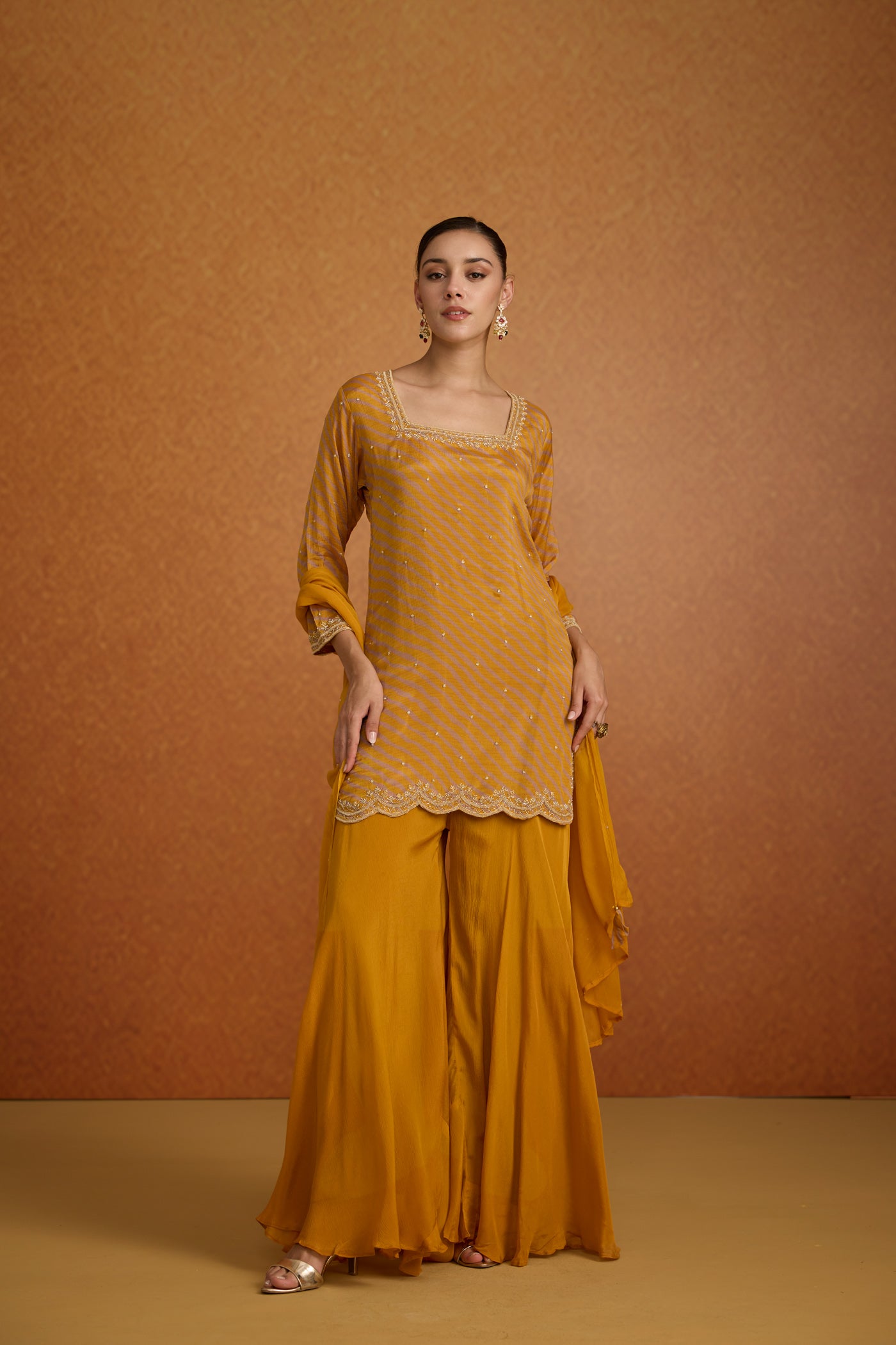 Mustard Yellow Embellished Lehriya Chinon Silk Palazzo Set