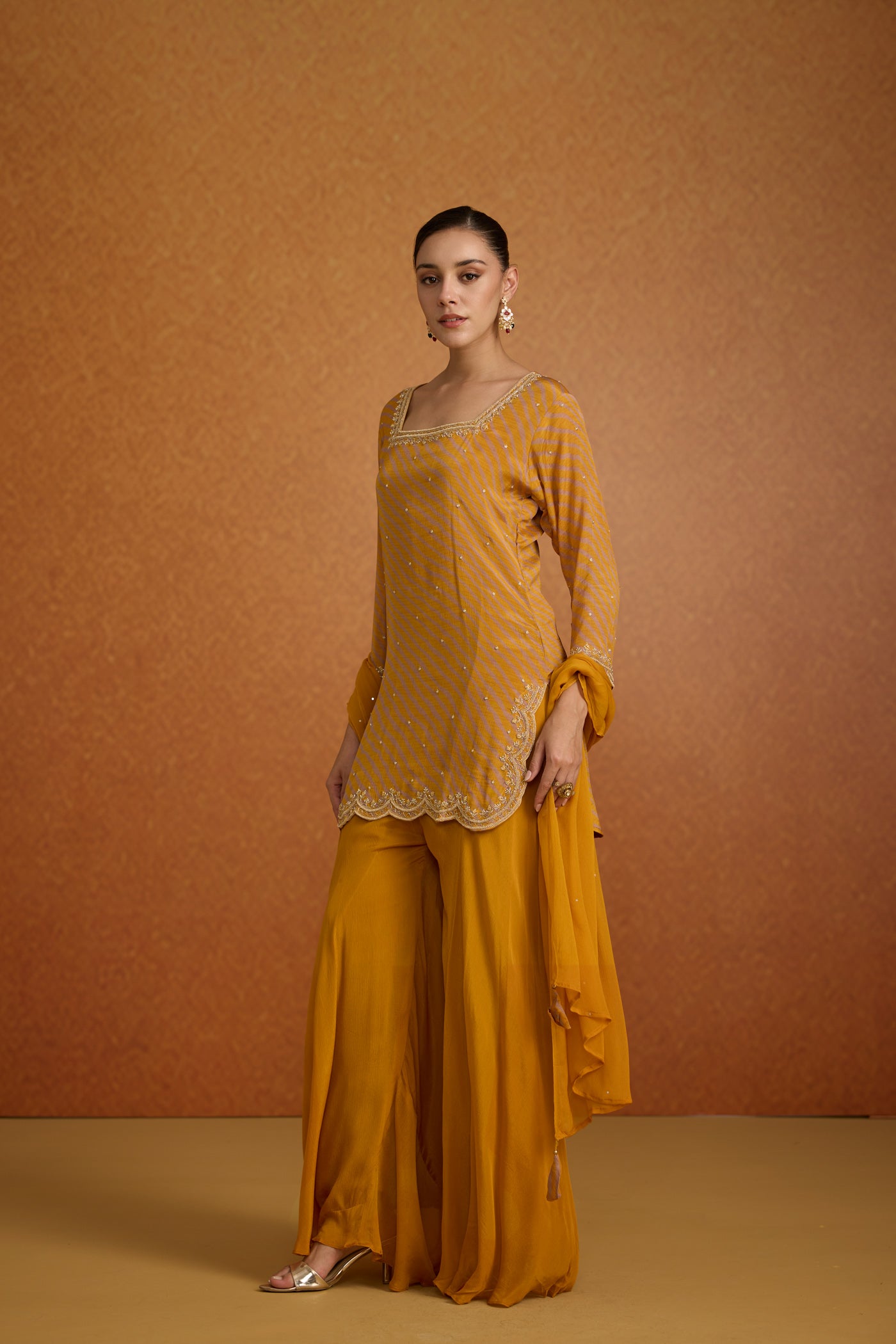 Mustard Yellow Embellished Lehriya Chinon Silk Palazzo Set