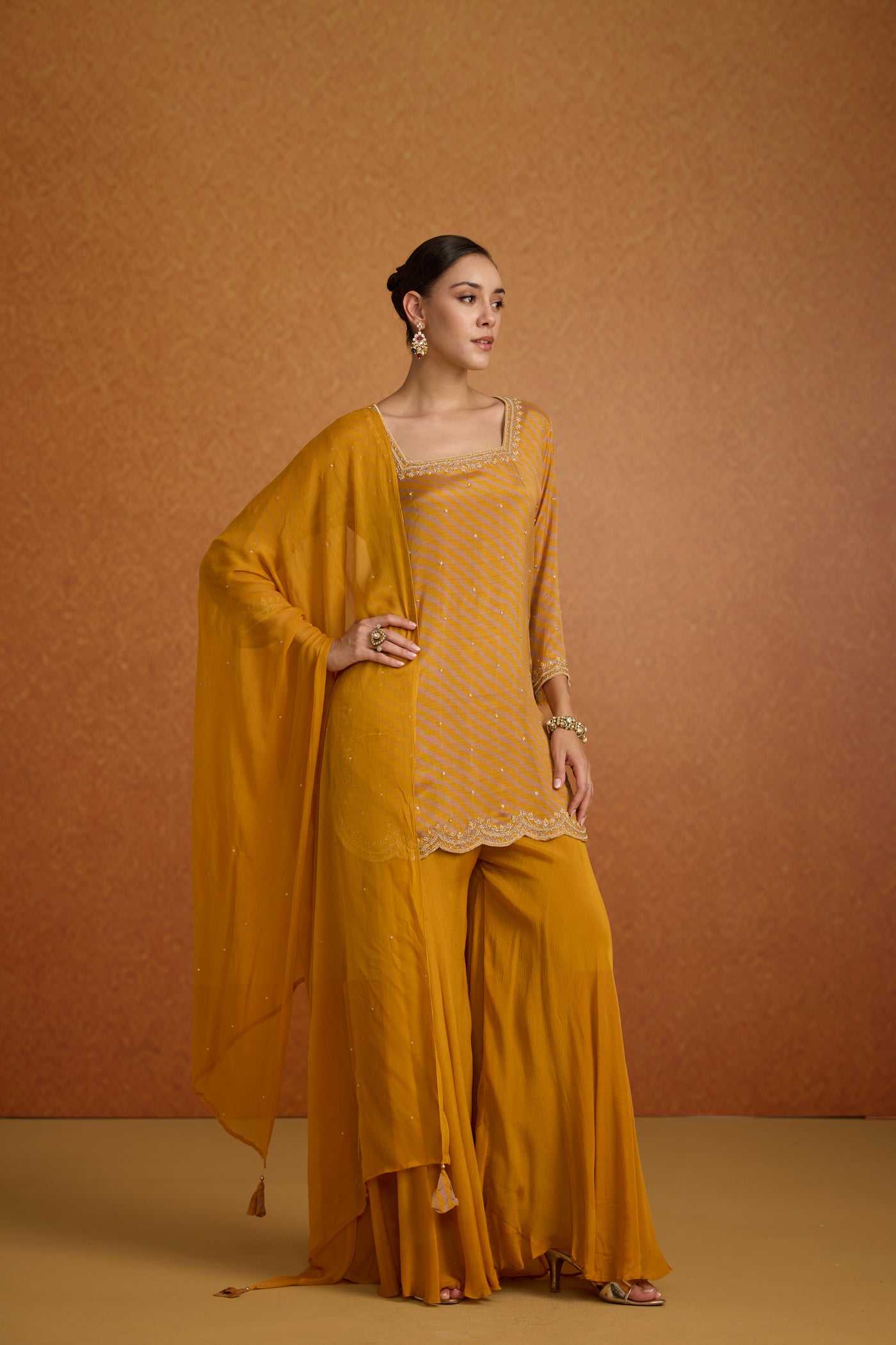 Mustard Yellow Embellished Lehriya Chinon Silk Palazzo Set