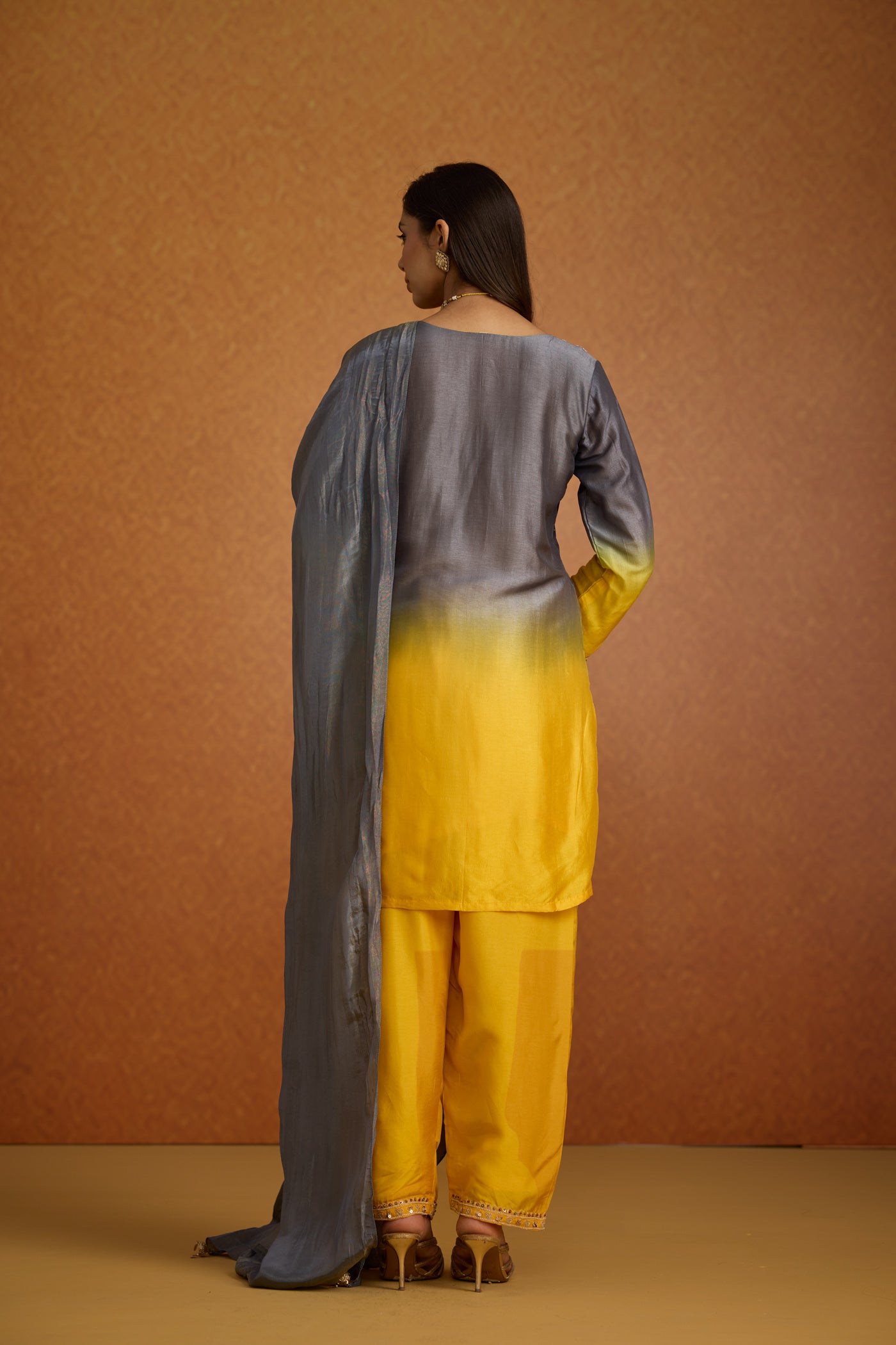 Mustard Yellow & Grey Ombre Embellished Crepe Silk Pant Set