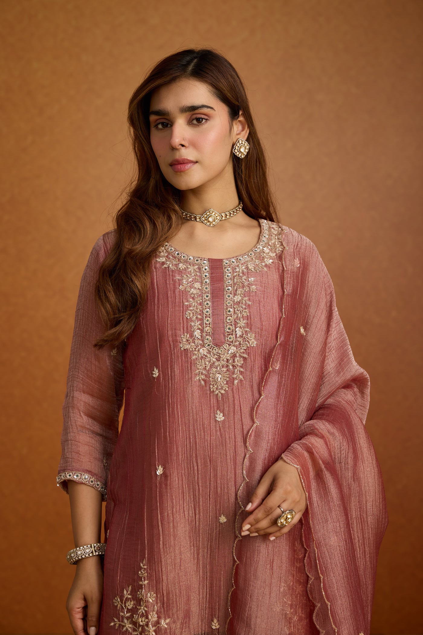Dusty Mauve Embellished Tissue Silk Palazzo Set