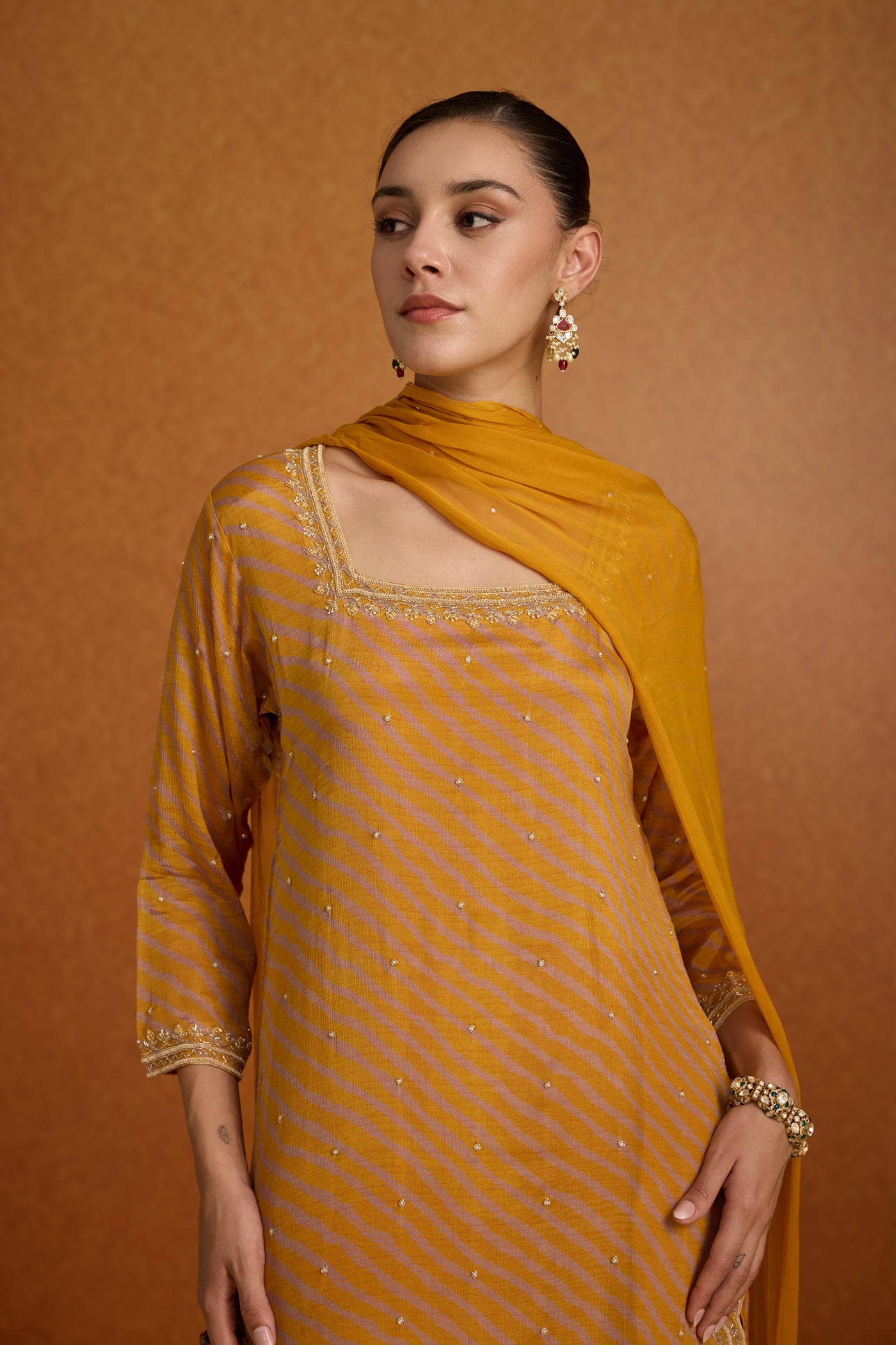 Mustard Yellow Embellished Lehriya Chinon Silk Palazzo Set