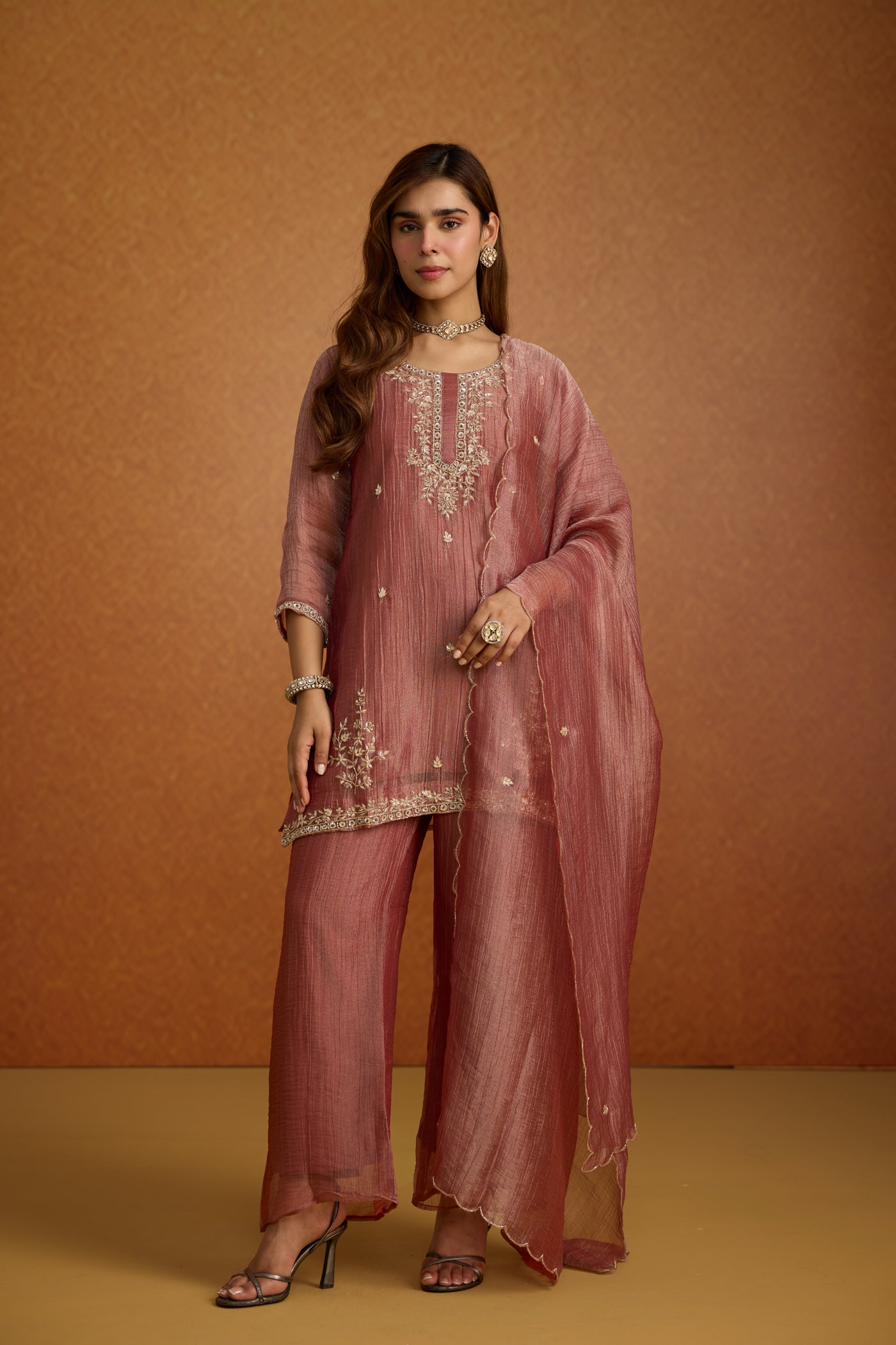 Dusty Mauve Embellished Tissue Silk Palazzo Set