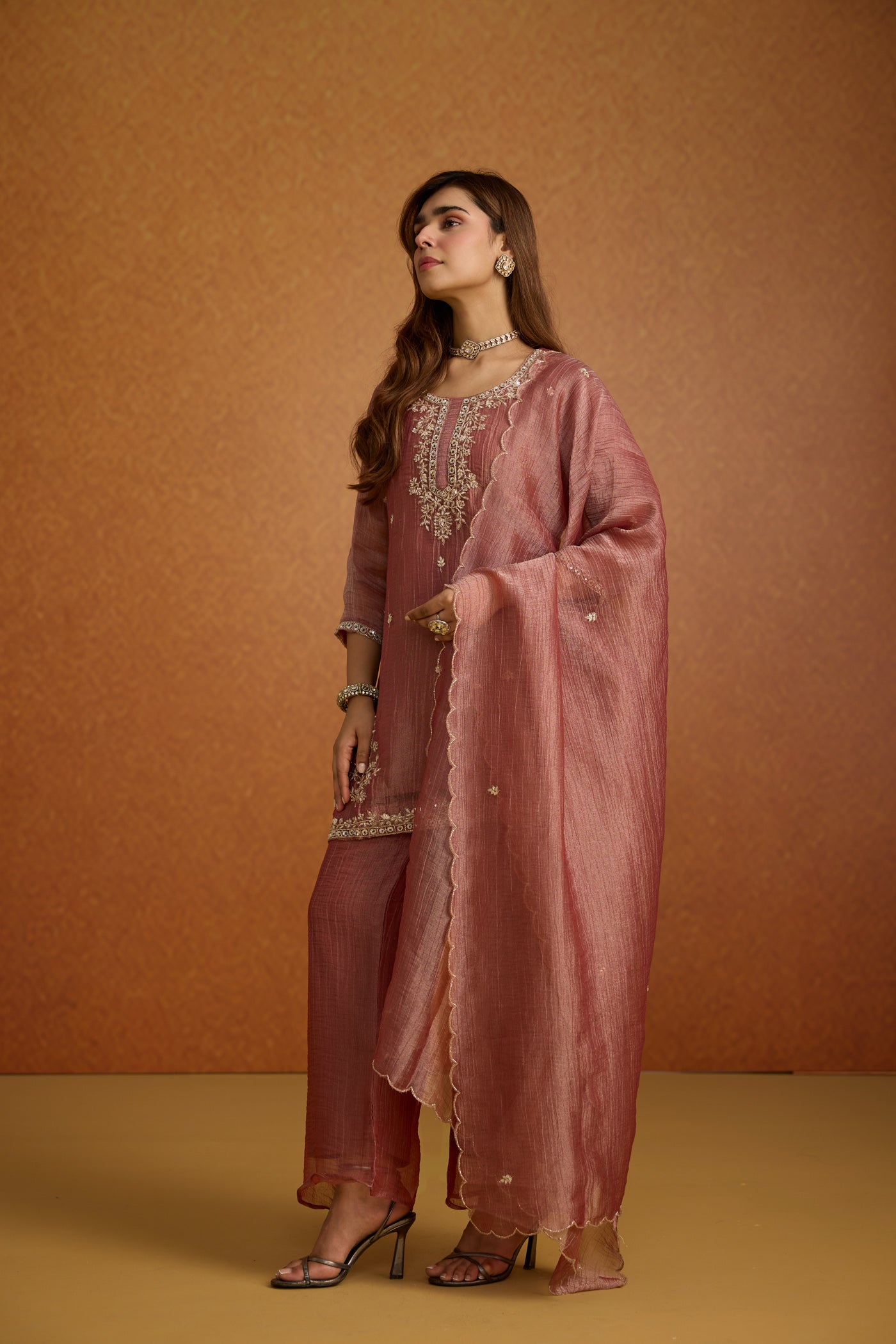 Dusty Mauve Embellished Tissue Silk Palazzo Set