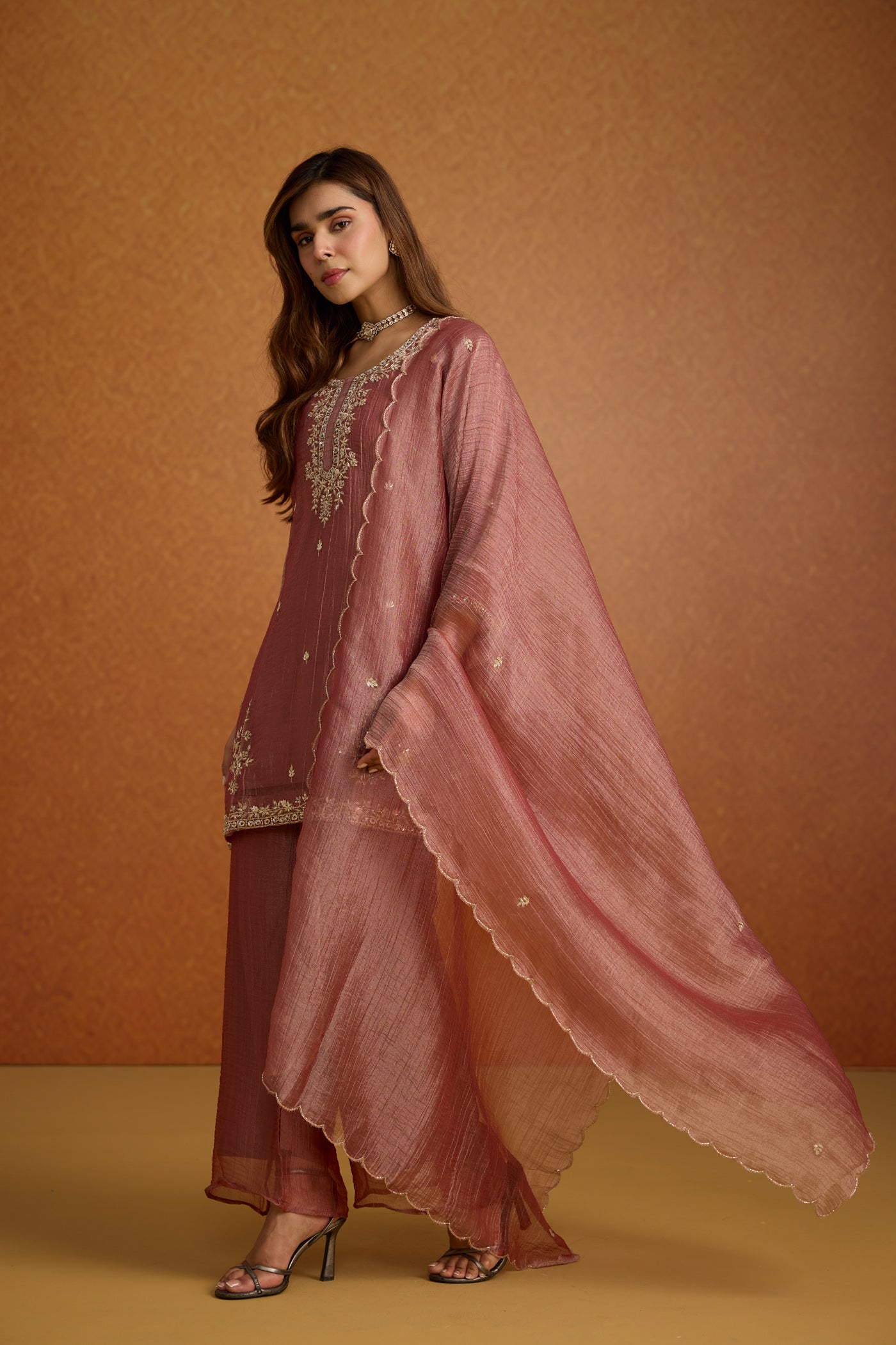 Dusty Mauve Embellished Tissue Silk Palazzo Set