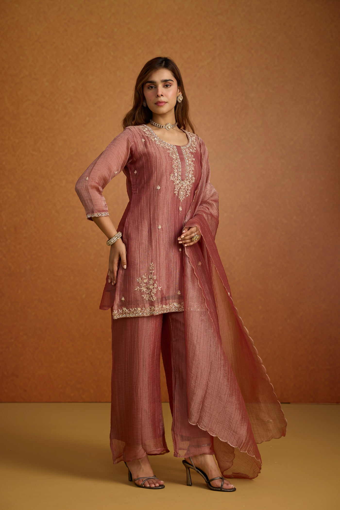 Dusty Mauve Embellished Tissue Silk Palazzo Set