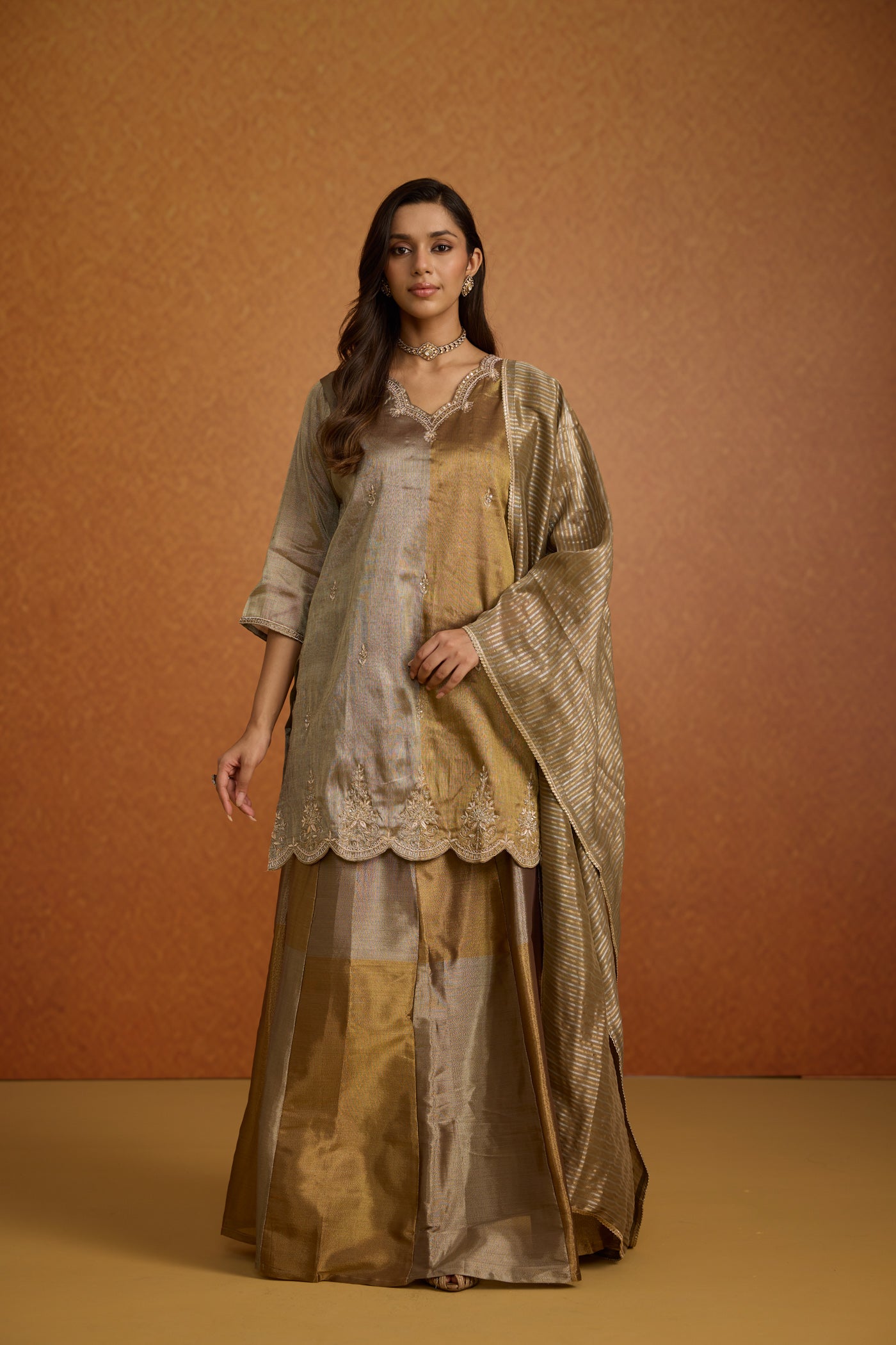 Metallic Greige Embellished Premium Silk Skirt Set