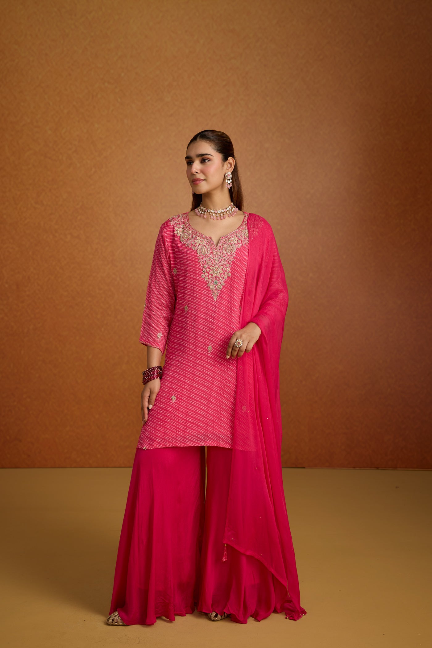 Rani Pink Embellished Lehriya Crepe Silk Palazzo Set
