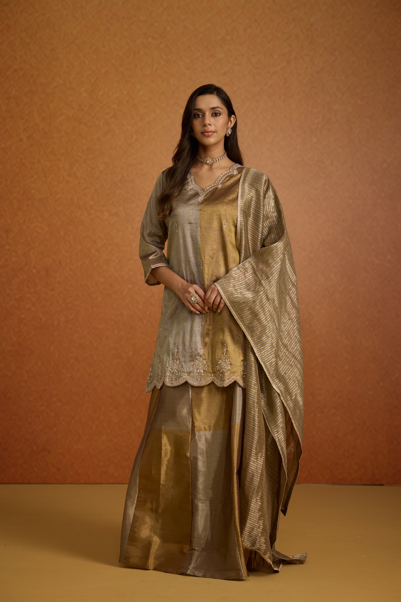 Metallic Greige Embellished Premium Silk Skirt Set