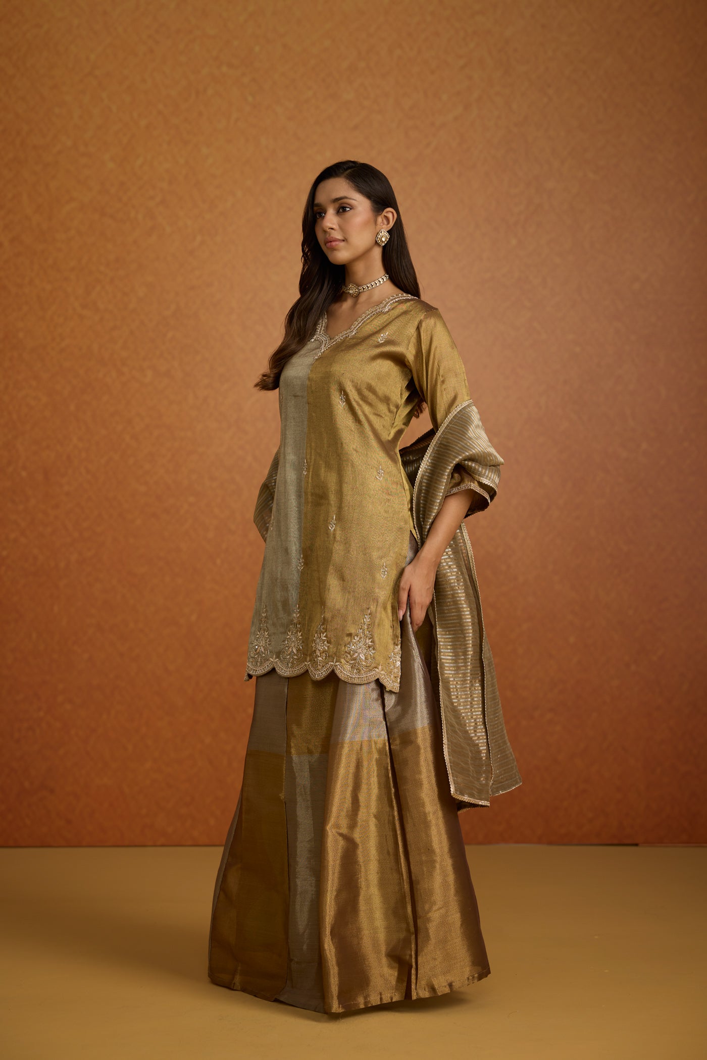 Metallic Greige Embellished Premium Silk Skirt Set