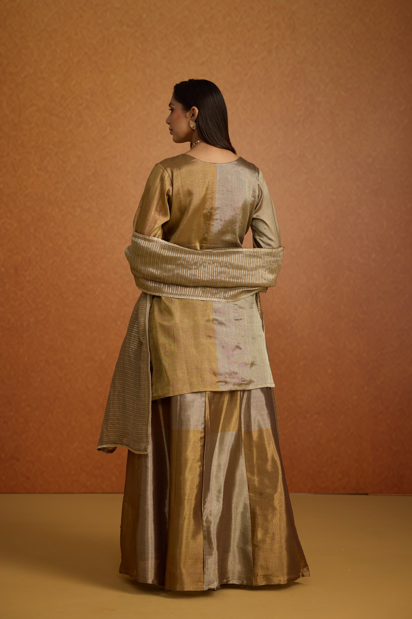 Metallic Greige Embellished Premium Silk Skirt Set